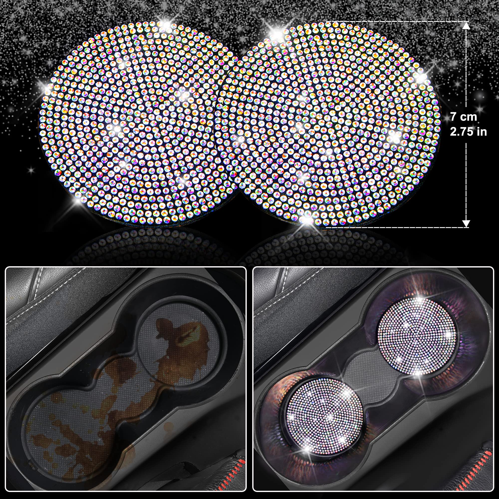 Car Pass 7 Pcs Bling Car Accessories For Women, Sparkly Rhinestone Diamond Steering Wheel Cover, Bling Seat Belt Cushion, Glitte