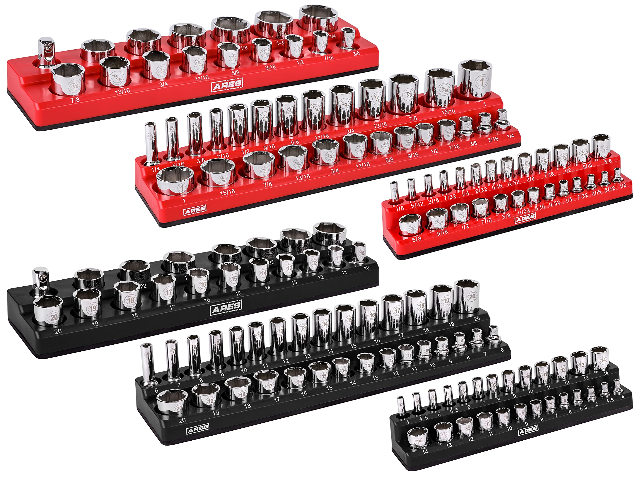 ARES 600576Piece Magnetic Socket Organizers  Metric and SAE Set Black and Red 1/4 in, 3/8 in, 1/2 in Socket Holders 143 Pie