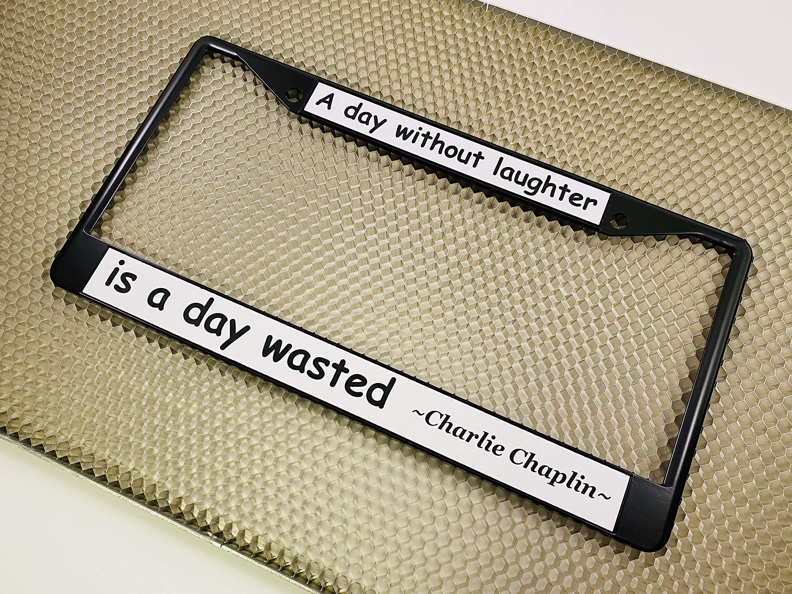 Custom Personalized Black Powder-Coated Metal Laser Engraved Standard Size - Car/Automobile License Plate Frame With Free Caps -