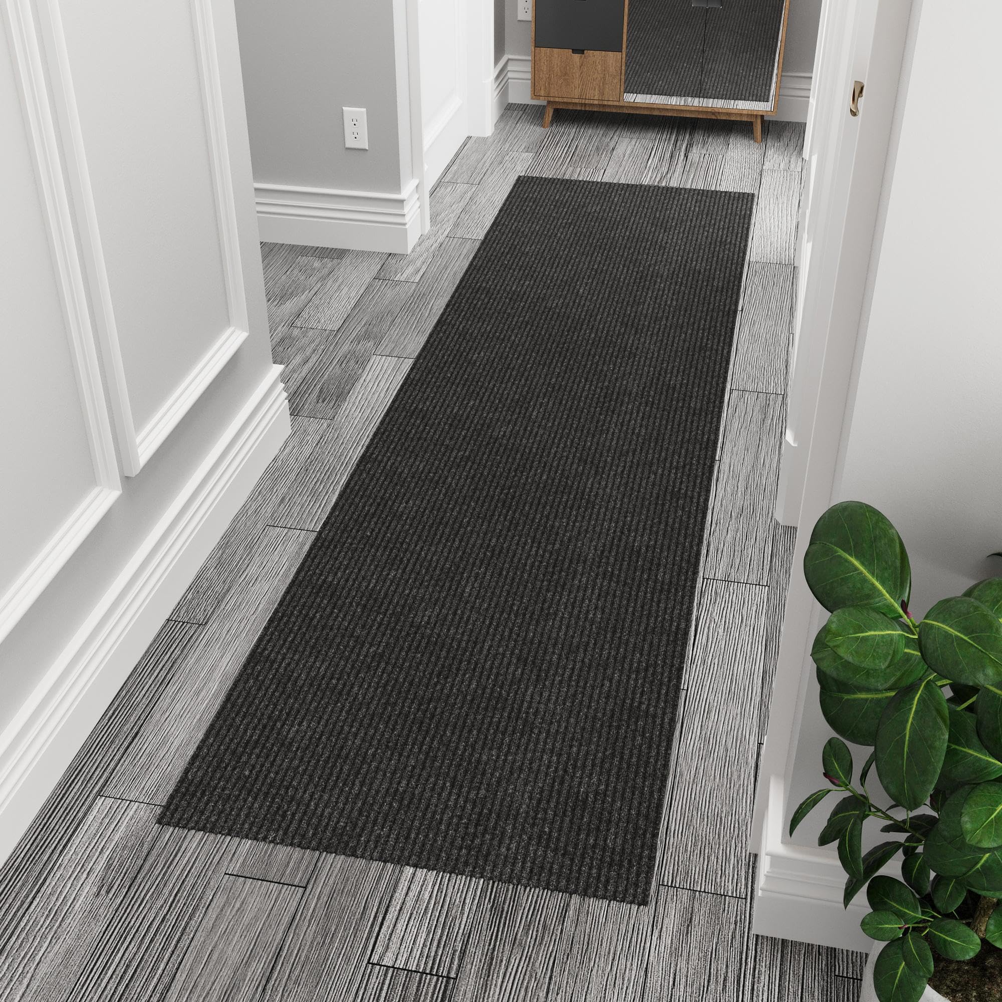 Ottomanson Scrabe Rib Collection Waterproof Non-Slip Rubberback Solid Design 3X10 Indoor/Outdoor Runner Rug, 2'7'' X 9'10'', Bla
