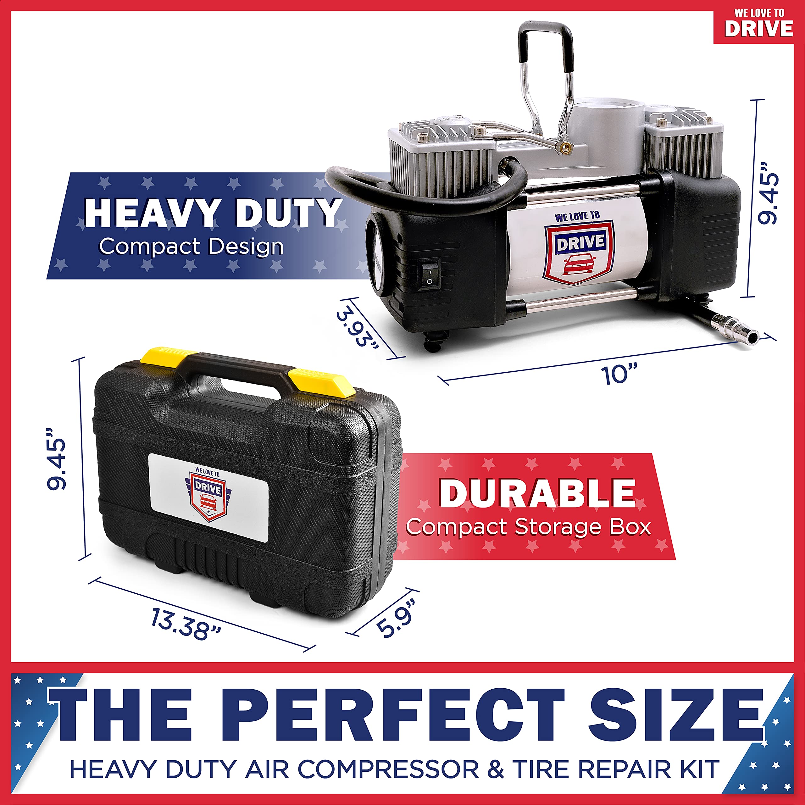 Tire Inflator Portable Air Compressor With Tire Repair Kit - 12V Dc Dual Cylinder Air Pump For Car Tires, 150 Psi Tire Pump With
