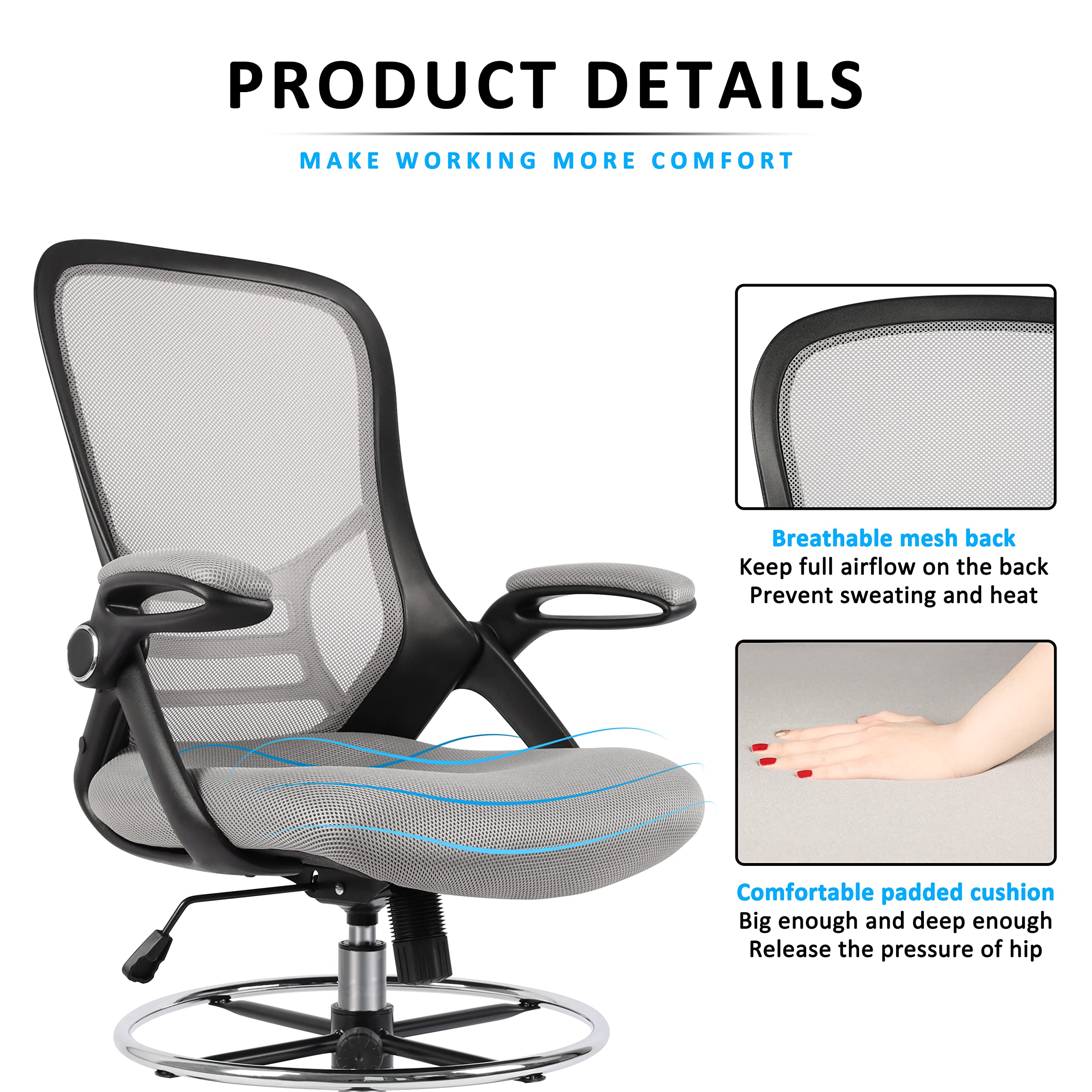 HYLONE High-Back Drafting Chair, Grey Mesh Office Stool with Flip-Up Arms, Adjustable Foot Ring, Tall Design for Standing Desks, 51.4 Height