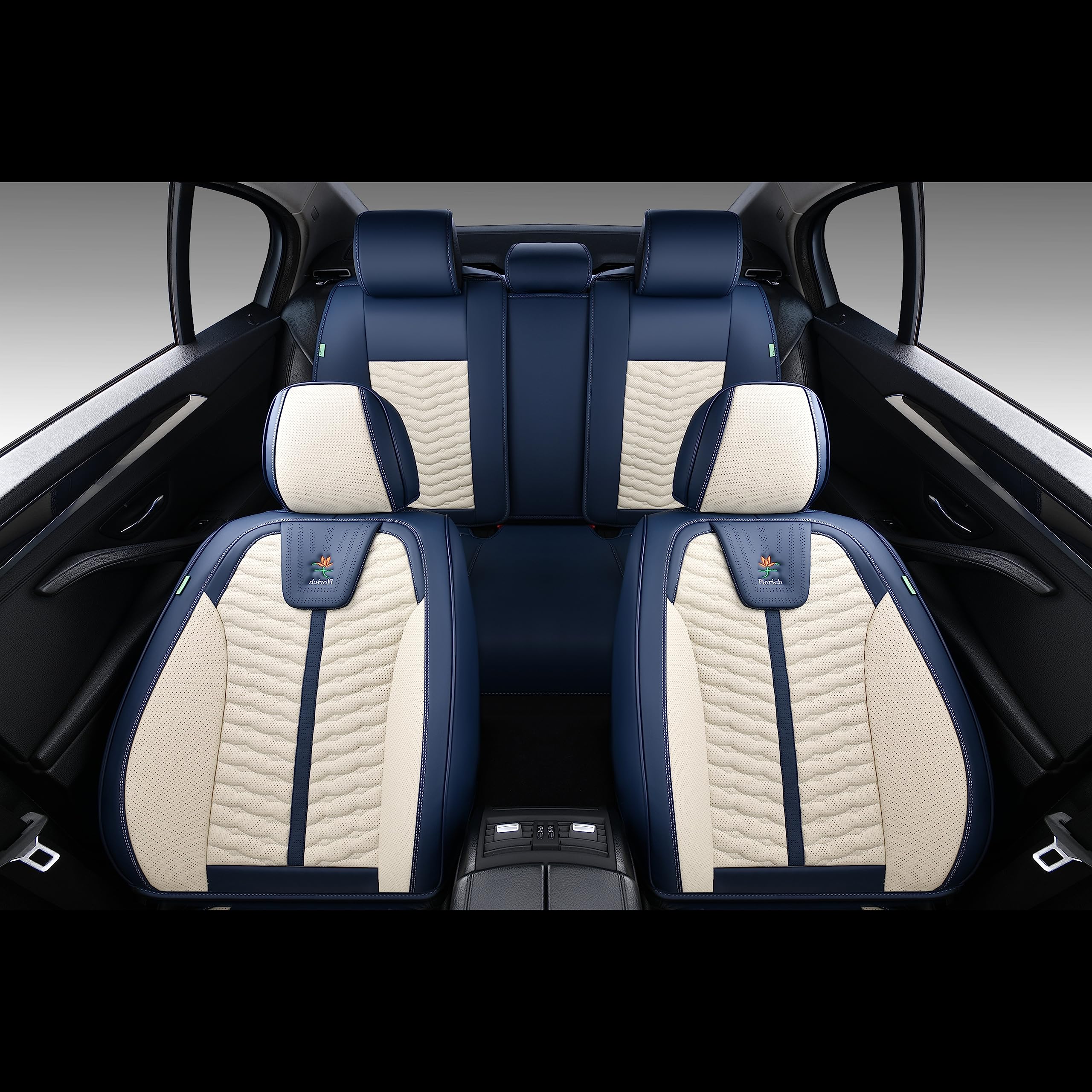 FLORICH Waterproof Faux Leather Car Seat Covers Full Set 5 Seats, Blue & White, Model SCU005 for Most Vehicles
