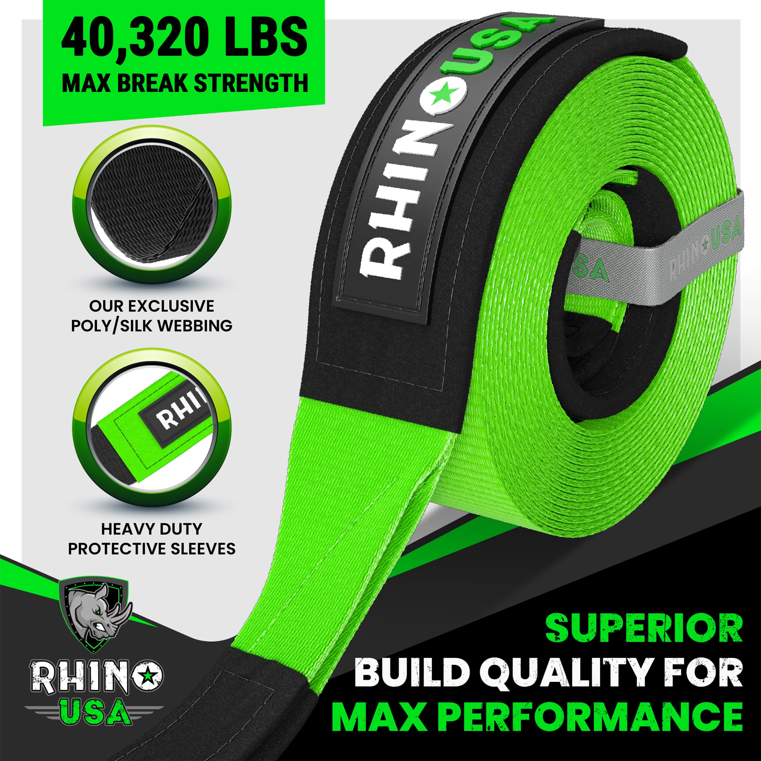 Rhino Usa Tree Saver Tow Strap (4'' X 10') - 40,320Lb Break Strength - Emergency Recovery Strap Winch Extension For Truck, Utv,