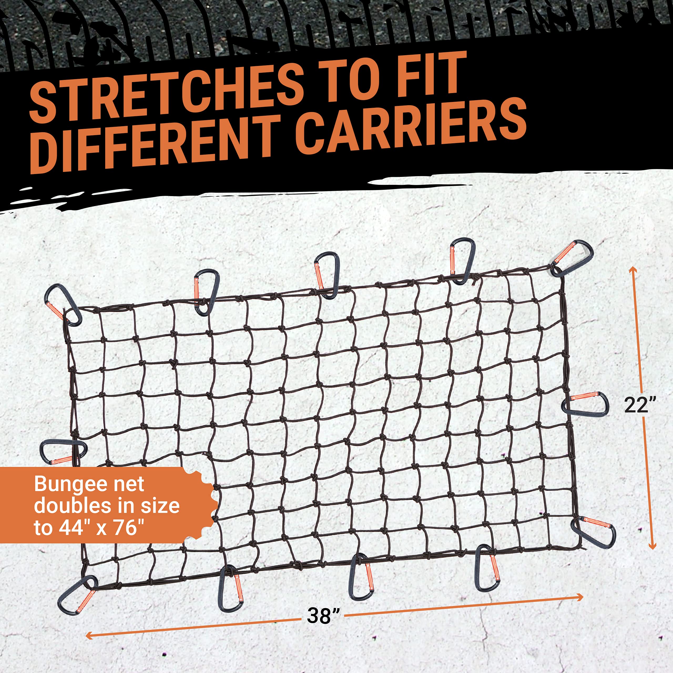 Grit Performance Cargo Net - Heavy-Duty Bungee Netting 22x38 Inch with 12 Clips, Black & Orange, Model 01
