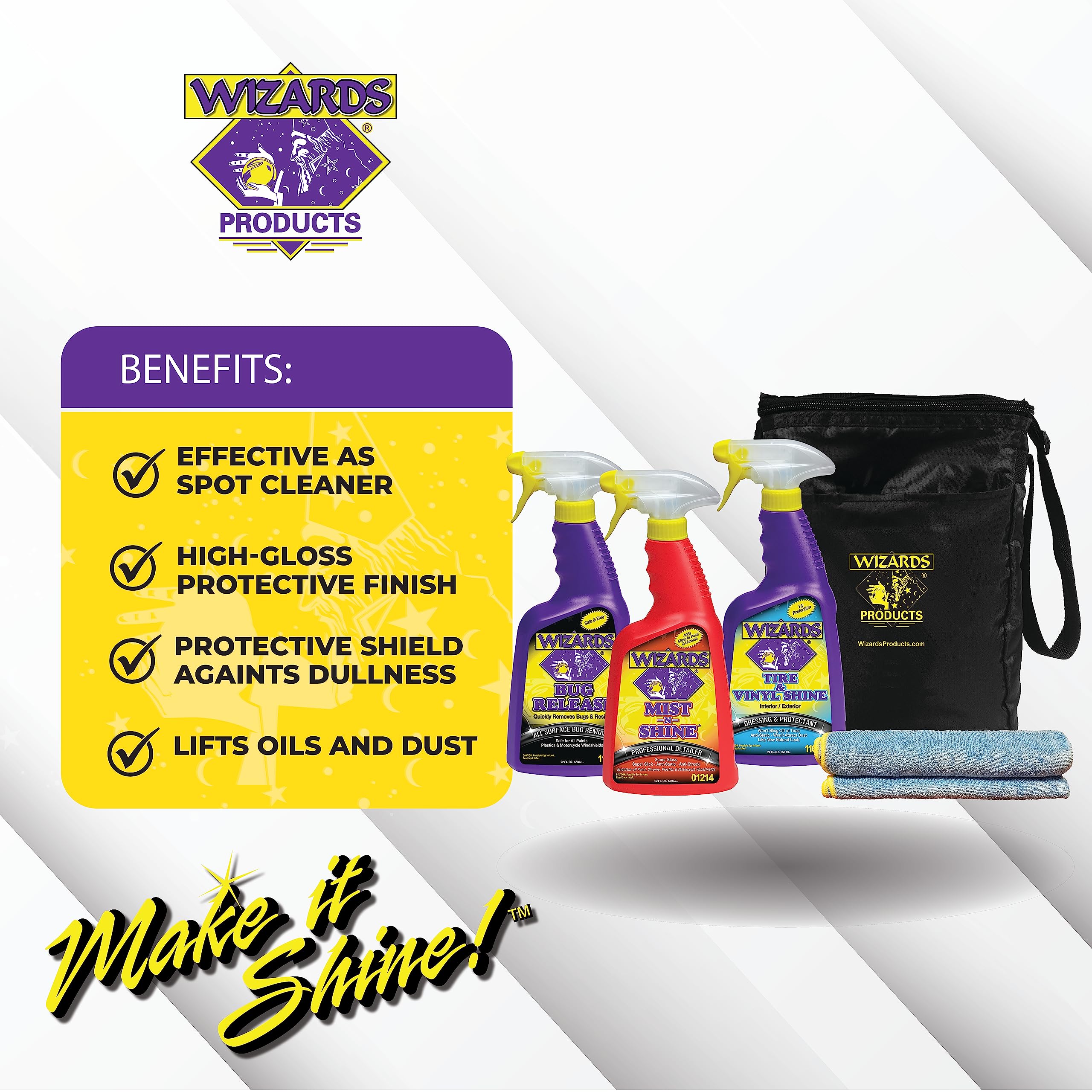 Wizards 5 Piece Car Detailing Kit - Beginner Friendly - Includes Microfiber Towel & Spray Bottles - 66 Ounce - Quick Kit (5 pc)