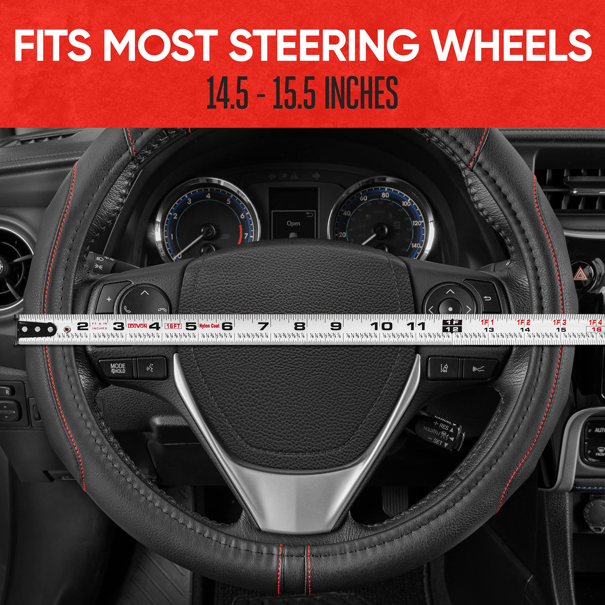 Motor Trend Gripdrive Synthetic Leather Auto Car Steering Wheel Cover Black W/ Red Accent Stitching Comfort Grip - Standard 15 I