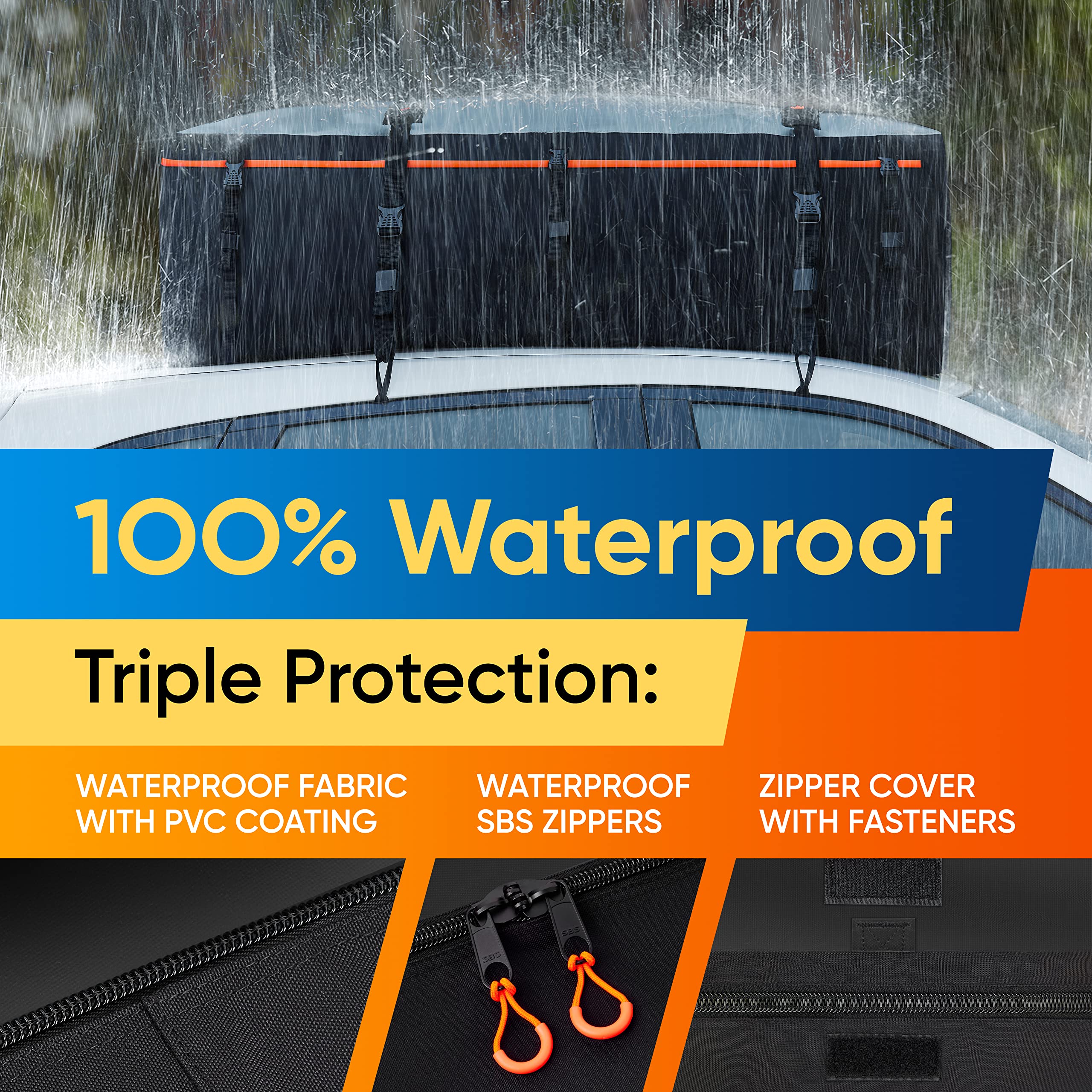 BagMate Waterproof Roof Bag - 19 Cu. Ft. Cargo Carrier, PVC Material, Model RBM-CRB-540-V2_1, Black, 4 Door Hooks, Zipper/B