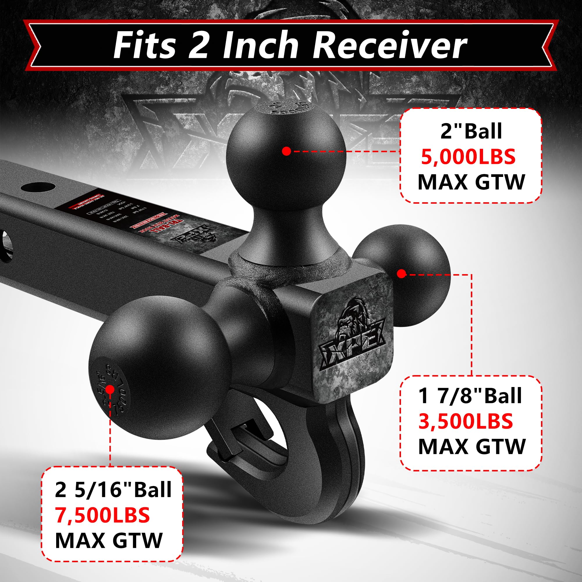 Trailer Hitch Tri Ball Mount With Hook,Fits 2    Hitch Receiver,1-7/8'', 2''& 2-5/16''Matt Black Plated Balls ,Secure With Self-