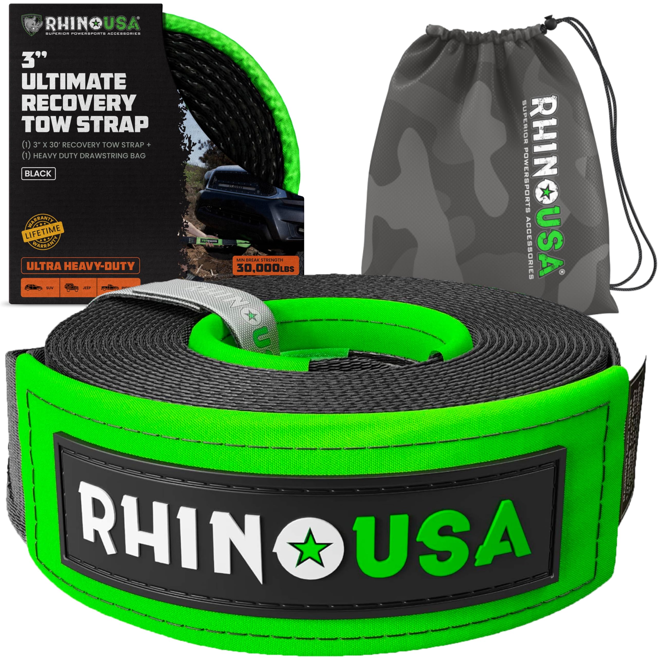 Rhino USA Recovery Tow Strap (3 x 30) - 31,518lb Break Strength - Emergency Recovery Strap Tow Rope for Truck, UTV, ATV & More 