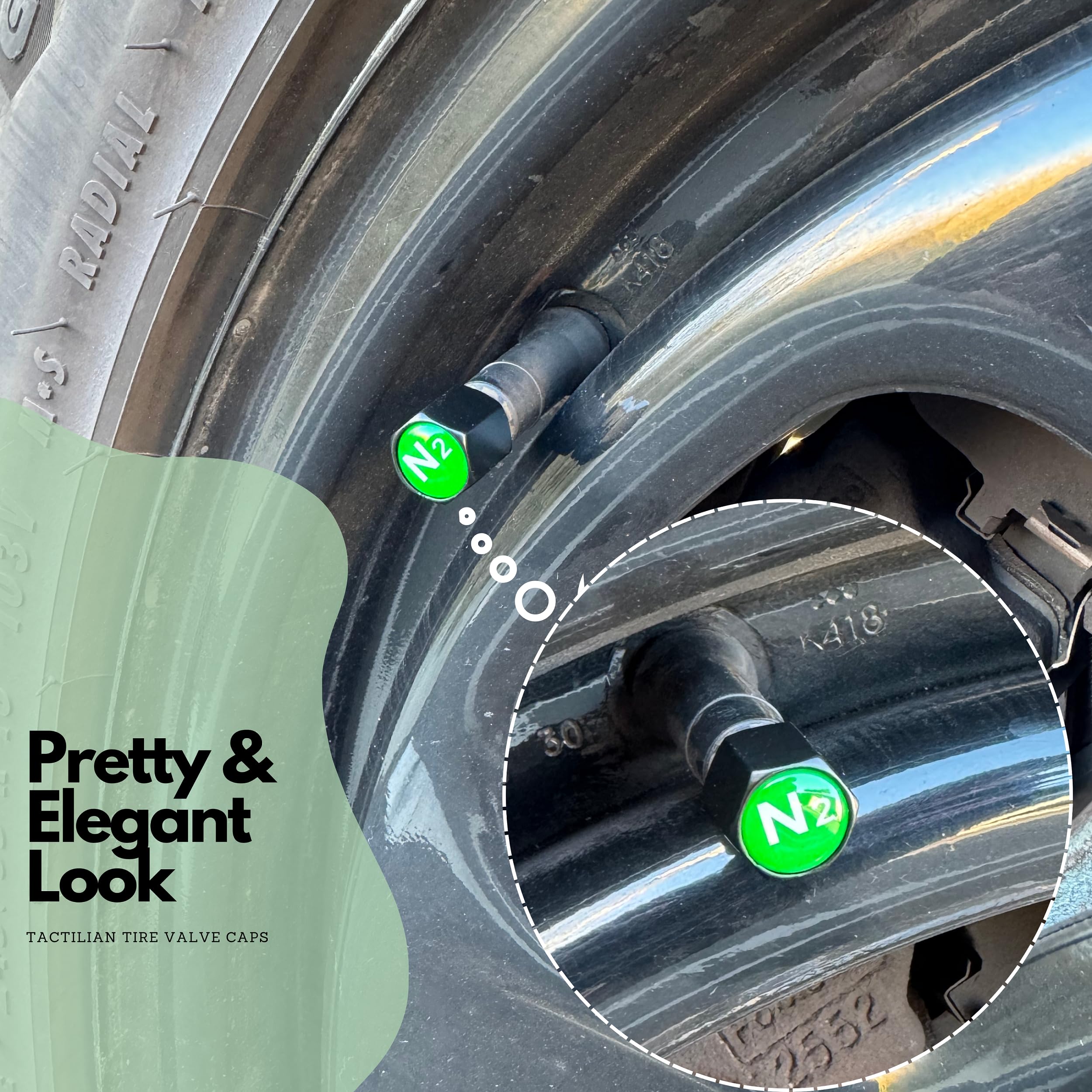 Tactilian N2 Nitrogen Tire Valve Caps | Leakproof Aluminum Tire Valve Stem Caps Green With Rubber O-Rings For Nitrogen Filled Ti