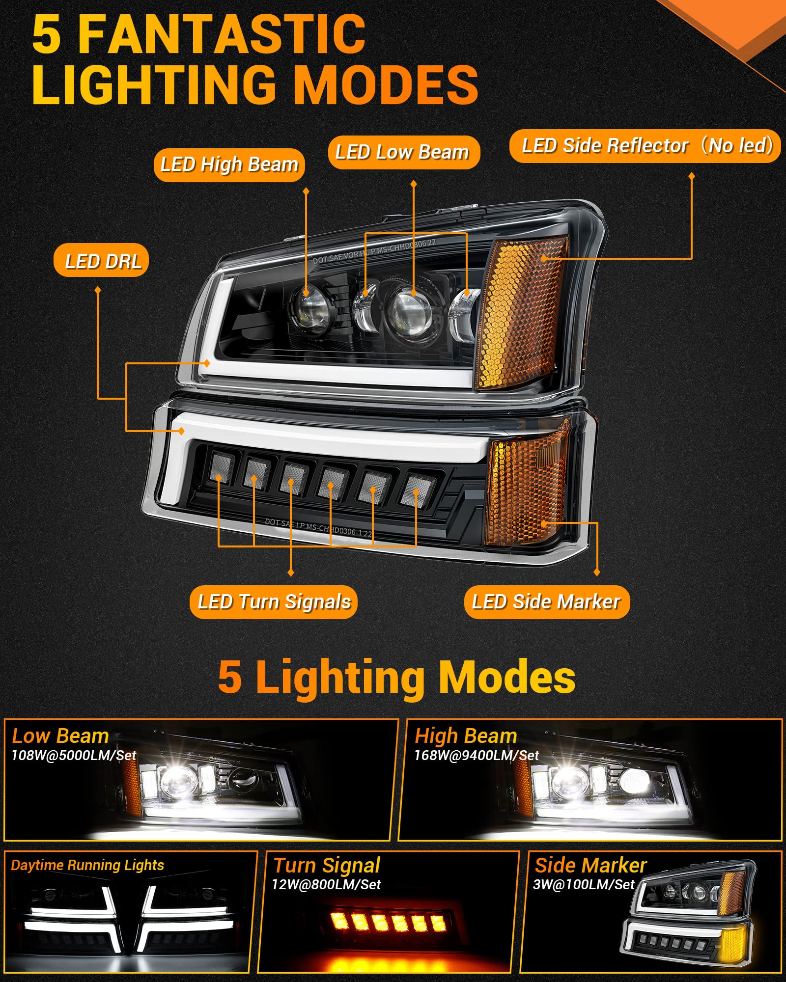 Z-OFFROAD LED Headlights Assembly, DOT Approved, DRL & Turn Signal, Hi/Low, Compatible with 2003-2006 Chevy Silverado, Black, Model SJ-0306CH