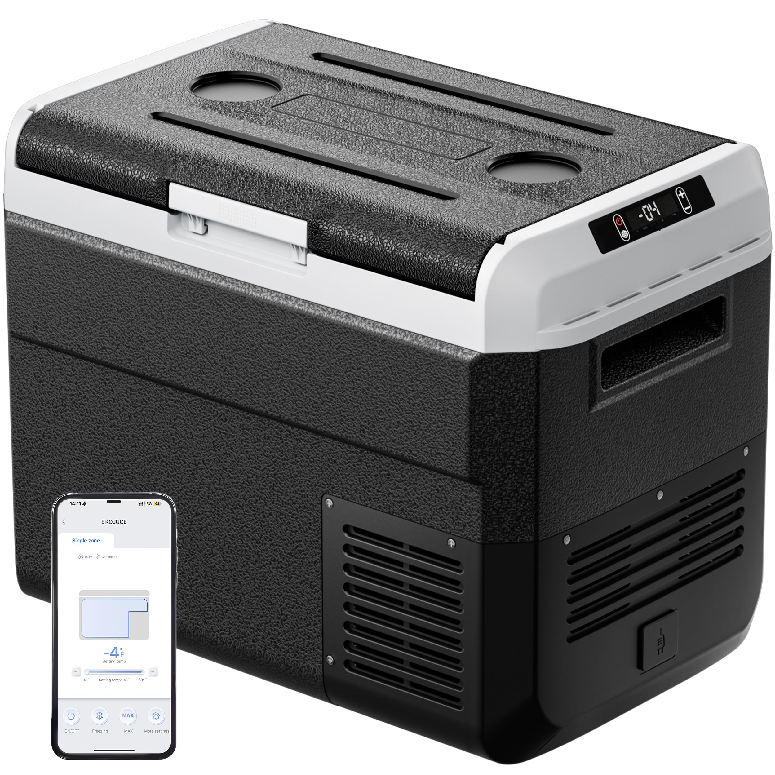 EKOJUCE 12V Refrigerator - 32QT Portable Electric Cooler, APP Control, Black, Model XCF-30, for Truck, RV, Camping, Travel