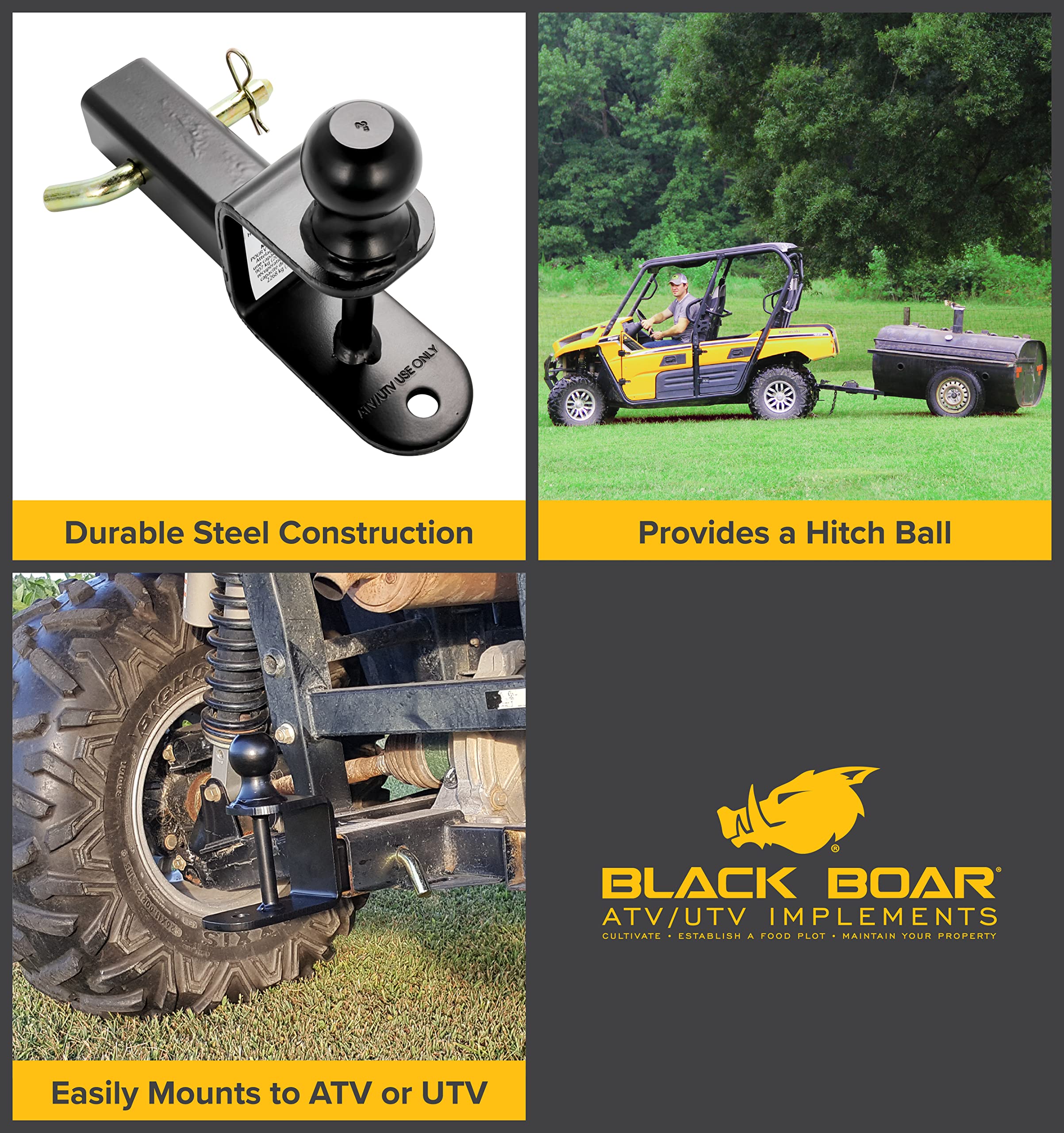 Black Boar Utv Atv Multi-Hitch - Features 2” Hitch Ball, 2” Shank - 6” (L) Shank - Hitch Ball Has 2” Rise & Rated For 2,000Lbs - Use W/Utility Trailers, Tow Straps & Other Atv Accessories (66025)
