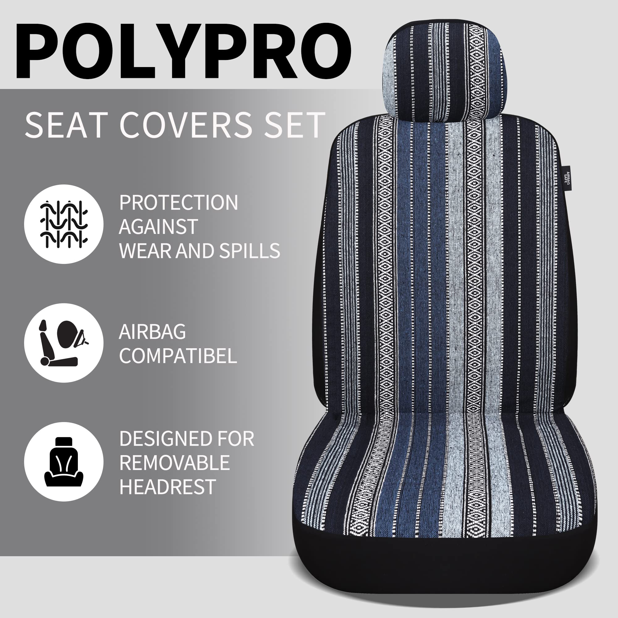 Haiyaotimes Baja Saddle Blanket Car Seat Covers Full Set With Seat Belt Pads, Washable Breathable Seat Covers For Cars, Universal Fit Interior Covers For Most Sedan Truck Suv, Airbag Compatible, Blue