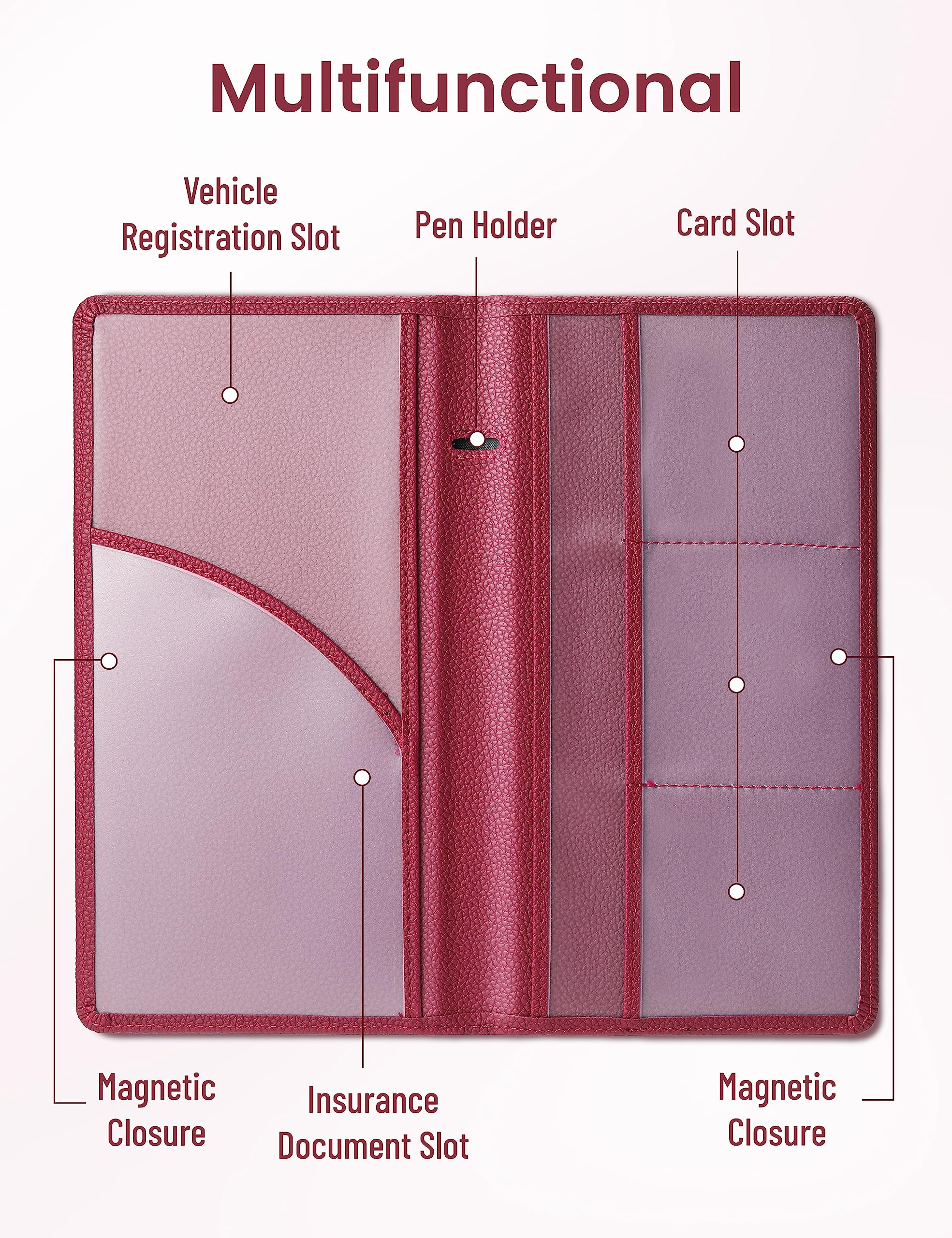 Yarnic PU Leather Car Registration & Insurance Holder - Wine Red, Magnetic Closure, Vehicle Organizer for Men & Women