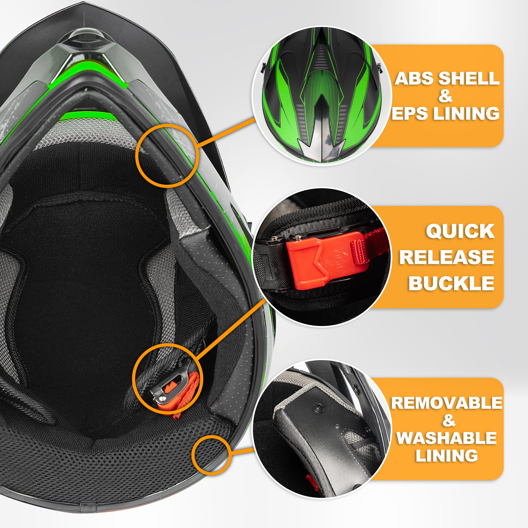 Yesmotor Youth Motocross Helmet Set - Full Face, DOT Approved, Medium, Green, Includes Gloves, Goggles, Mask, ABS Material