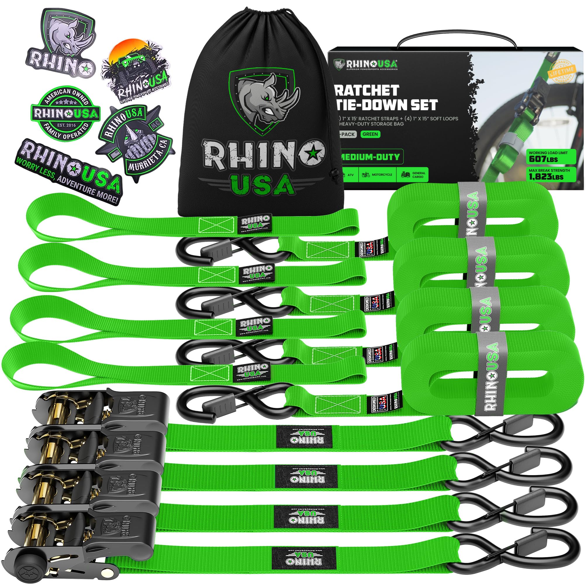 Rhino Usa Ratchet Tie Down Straps (4Pk) - Includes (4) Premium 1'' X 15' Rachet Tie Downs With Padded Handles. Best For Moving, 