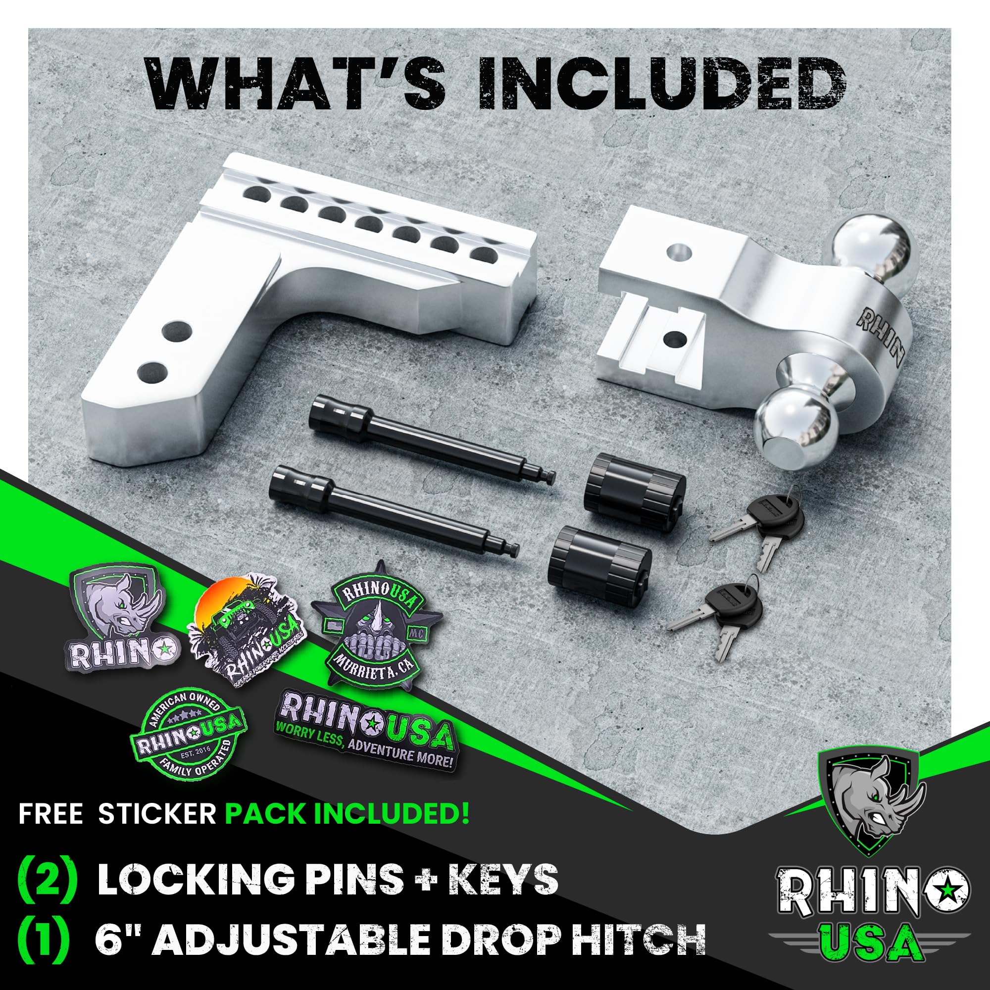 Rhino Usa Adjustable Trailer Hitch (Fits 2-Inch Receiver) - Heavy Duty Aluminum Tow Hitches With 6-Inch Drop/Rise For Truck (12,