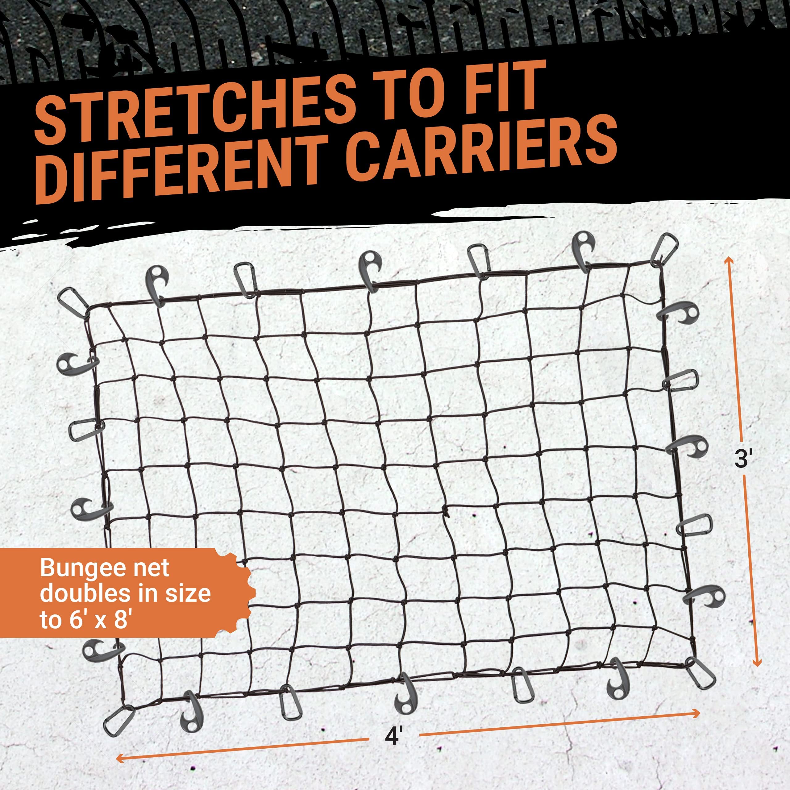 Grit Performance Cargo Net For Suv - 3 X 4 Foot, Heavy-Duty, Mesh Square Bungee Netting With 12 Hooks, 12 Black Clips And Storag