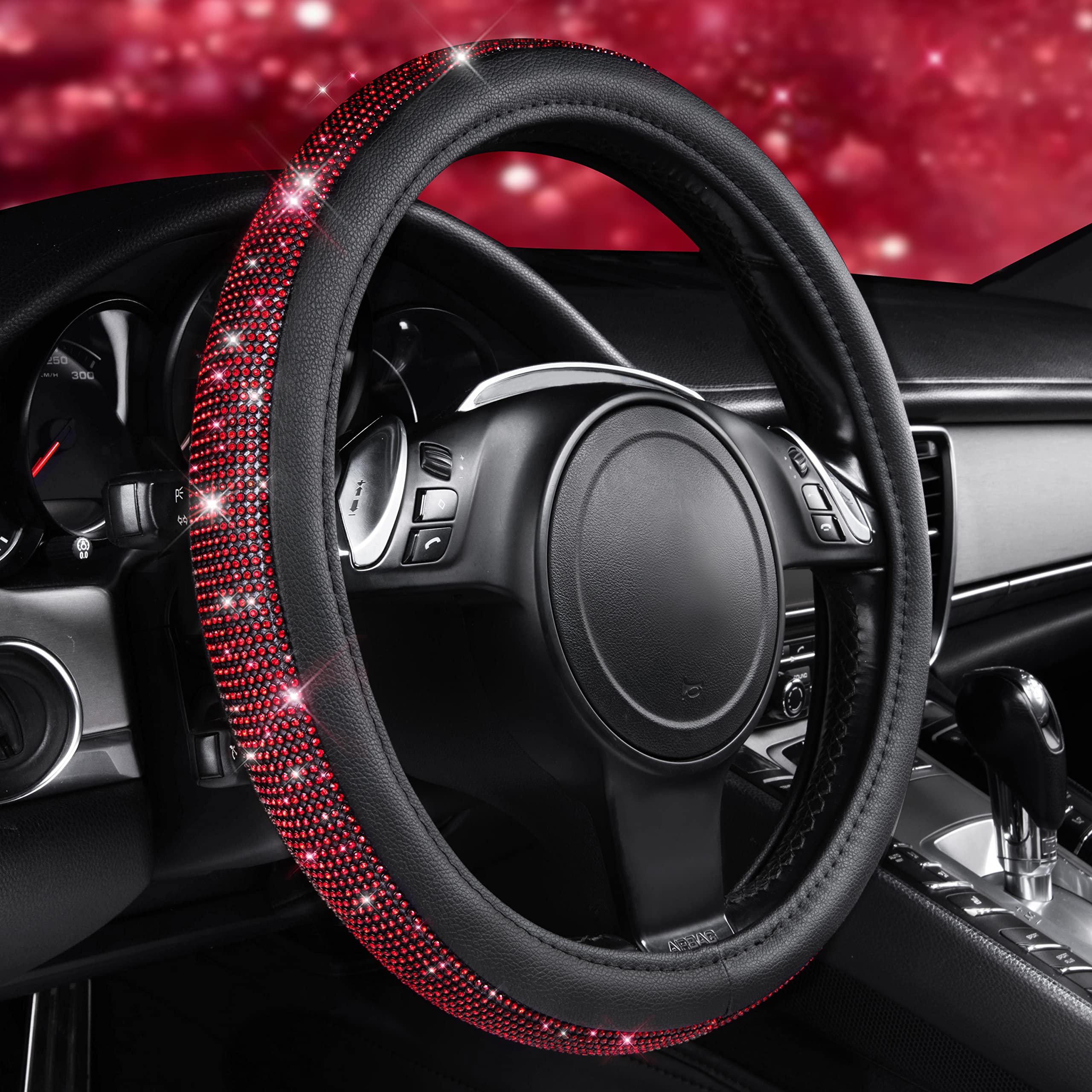 CAR PASS Red Diamond Leather Steering Wheel Cover with Bling Rhinestones, Universal Fit 14.5"-15", Stylish Accessory for Cars, SUVs, Trucks