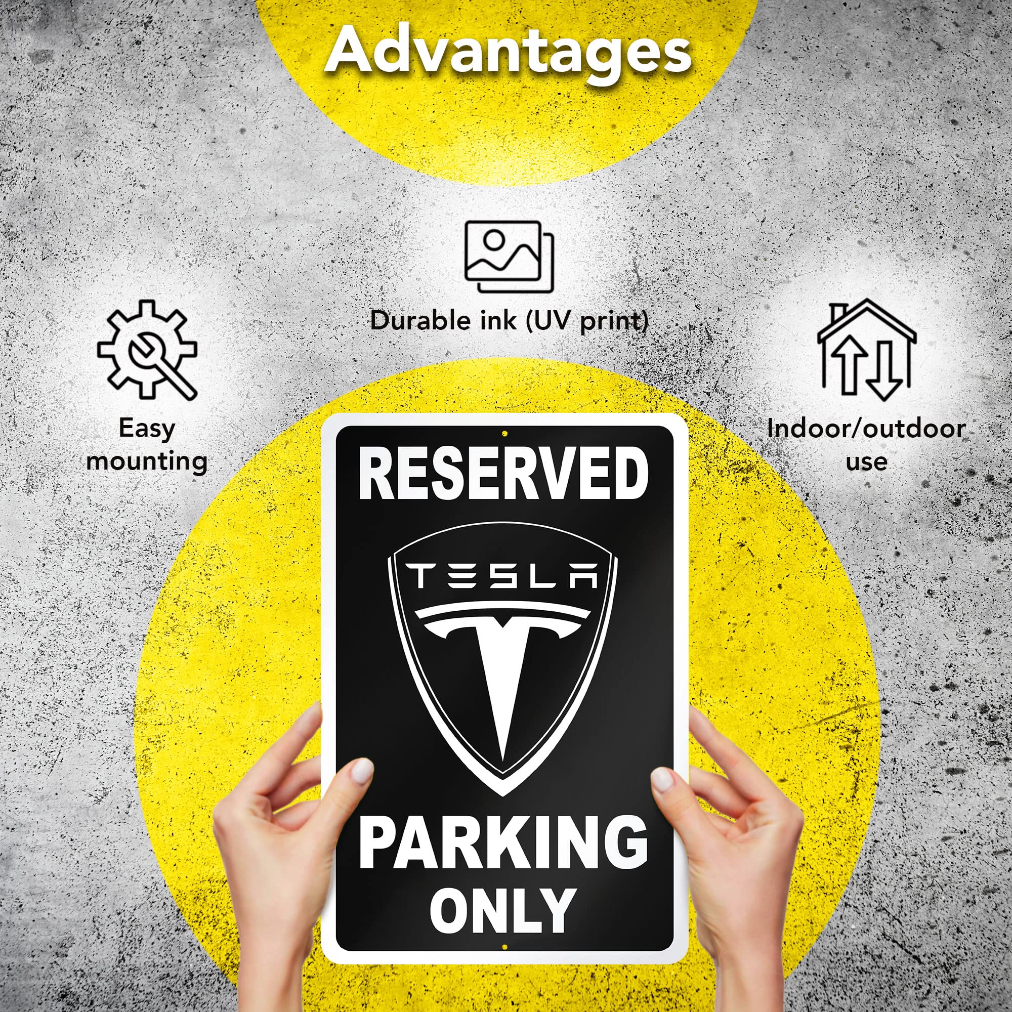 DIMARONGTON Tesla Parking Only Sign - 8x12 Aluminum Garage Sign - Black - Gifts for Tesla Owners - Model DIM-812BT