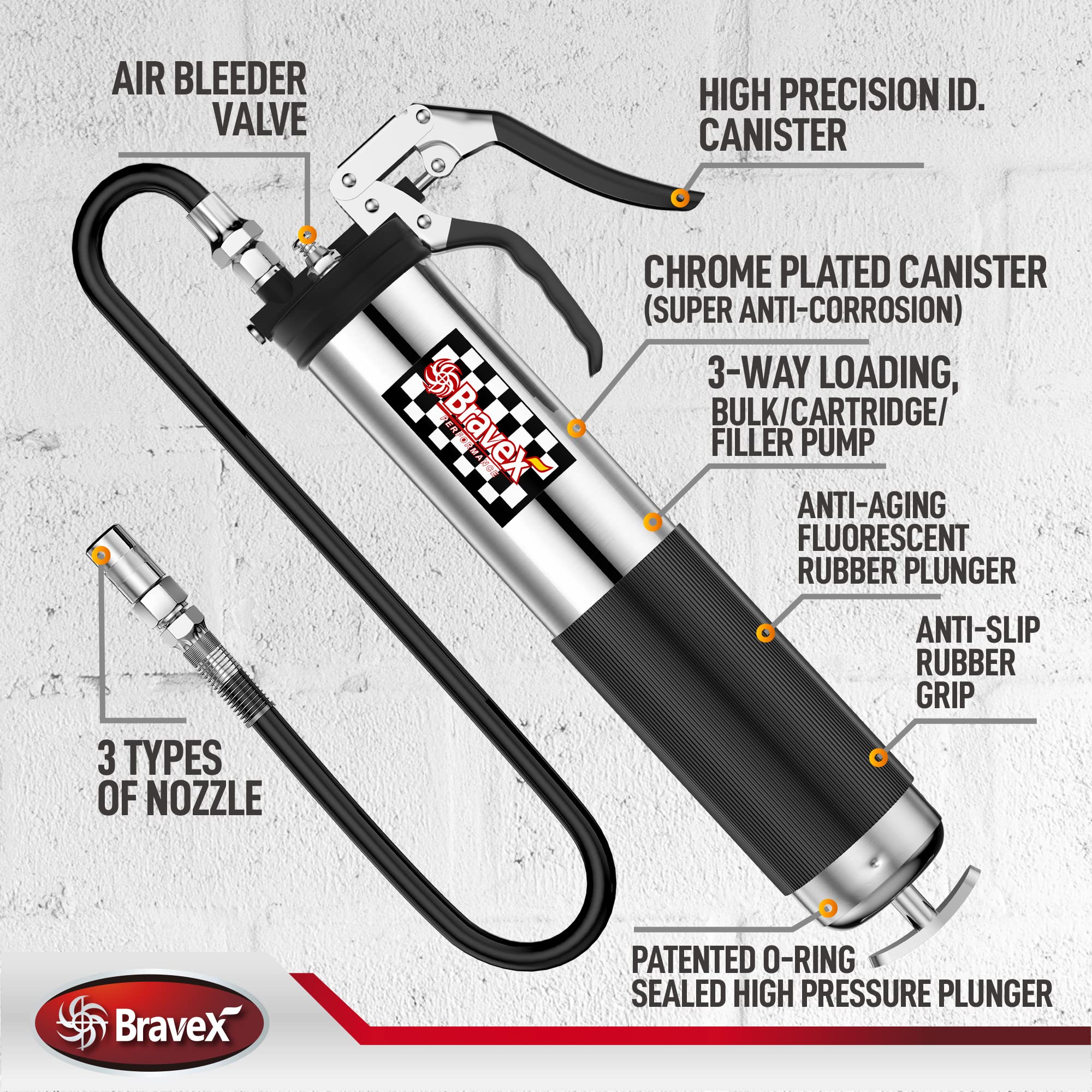 Bravex Heavy Duty Professional Pistol Grip Grease Gun 6000 Psi - 18 Inch Flex Hose