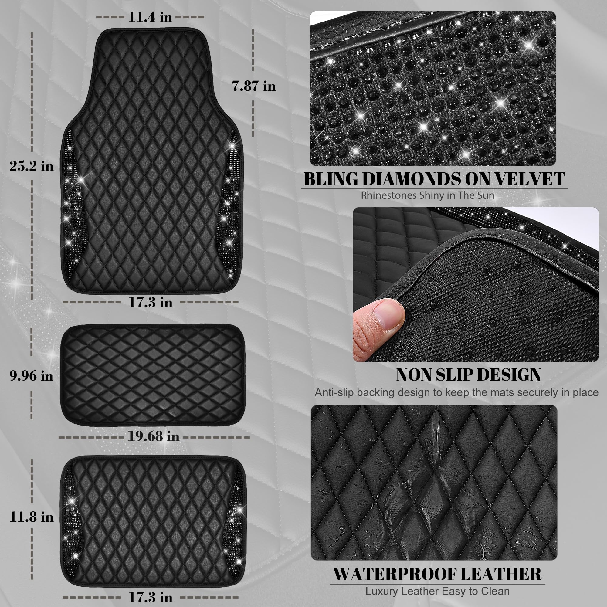 CAR PASS Bling Leather Car Mats, 5pcs Anti-Slip Waterproof Floor Mats, Black Diamond for SUV, Sedan, Van