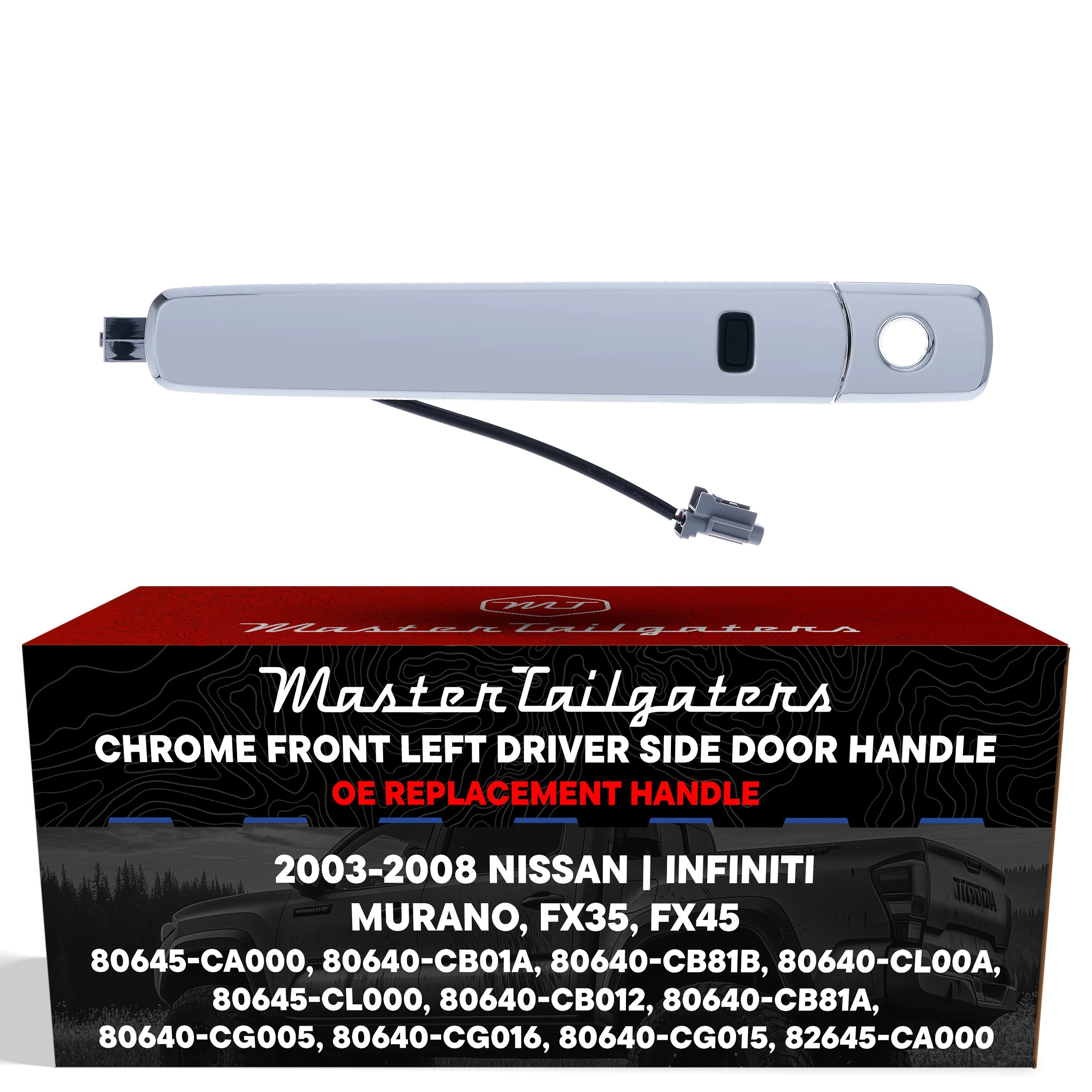 Exterior Door Handle Chrome Replacement for Nissan Murano (2005-2007) / Infiniti FX35/FX45 (2003-2008) OE Part # 80645-CA000, 80640-CB01A, 80640-CB81B, 80640-CL00A | Front Left Driver Side