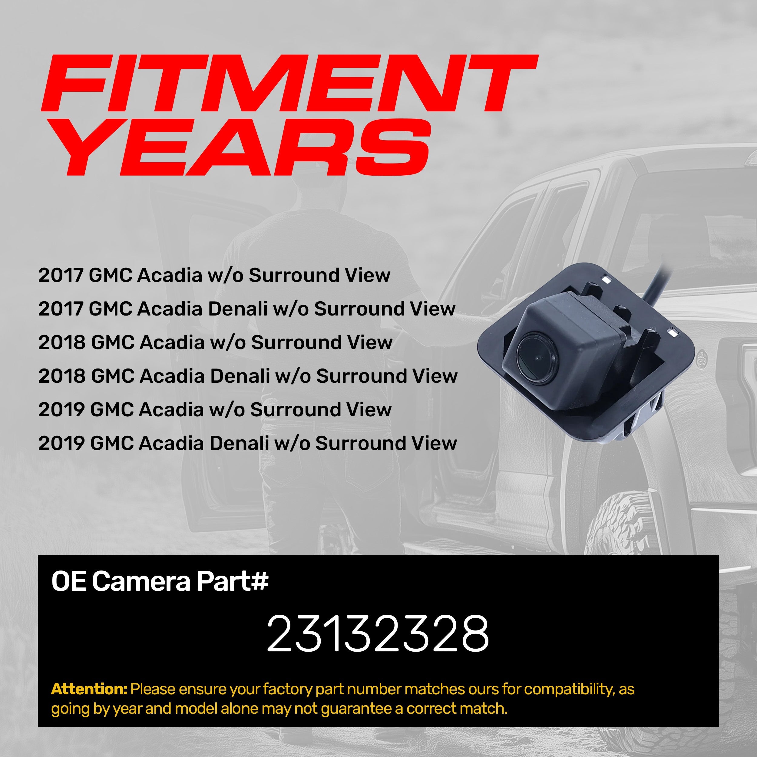GMC Acadia/Denali w/o Surround View (2017-2019) OEM Replacement Backup Camera OE Part # 23132328