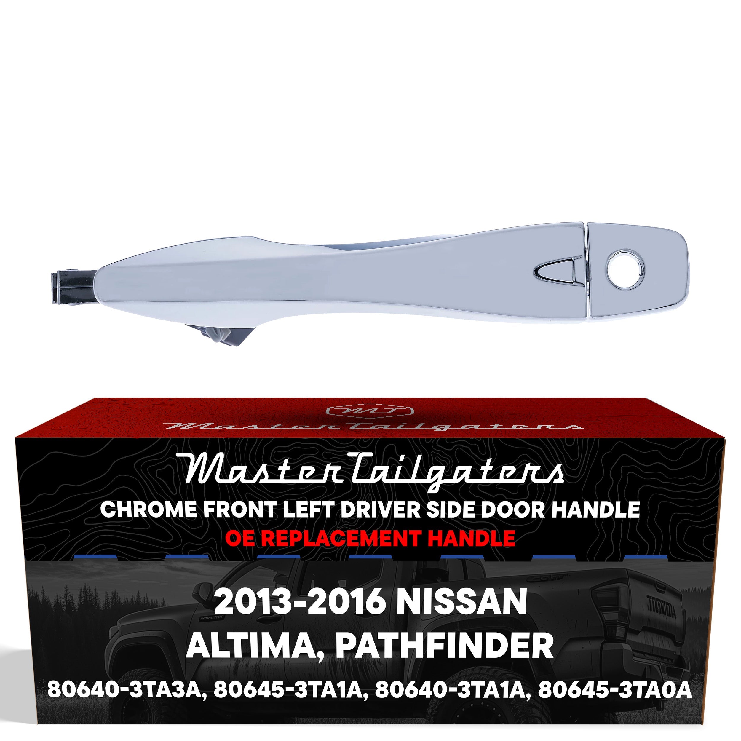 Exterior Door Handle Chrome Replacement for Nissan Altima (2013-2015), Pathfinder (2013-2016) OE Part # 80640-3TA3A, 80645-3TA1A, 80640-3TA1A, 80645-3TA0A | Front Left Driver Side w/ Keyhole