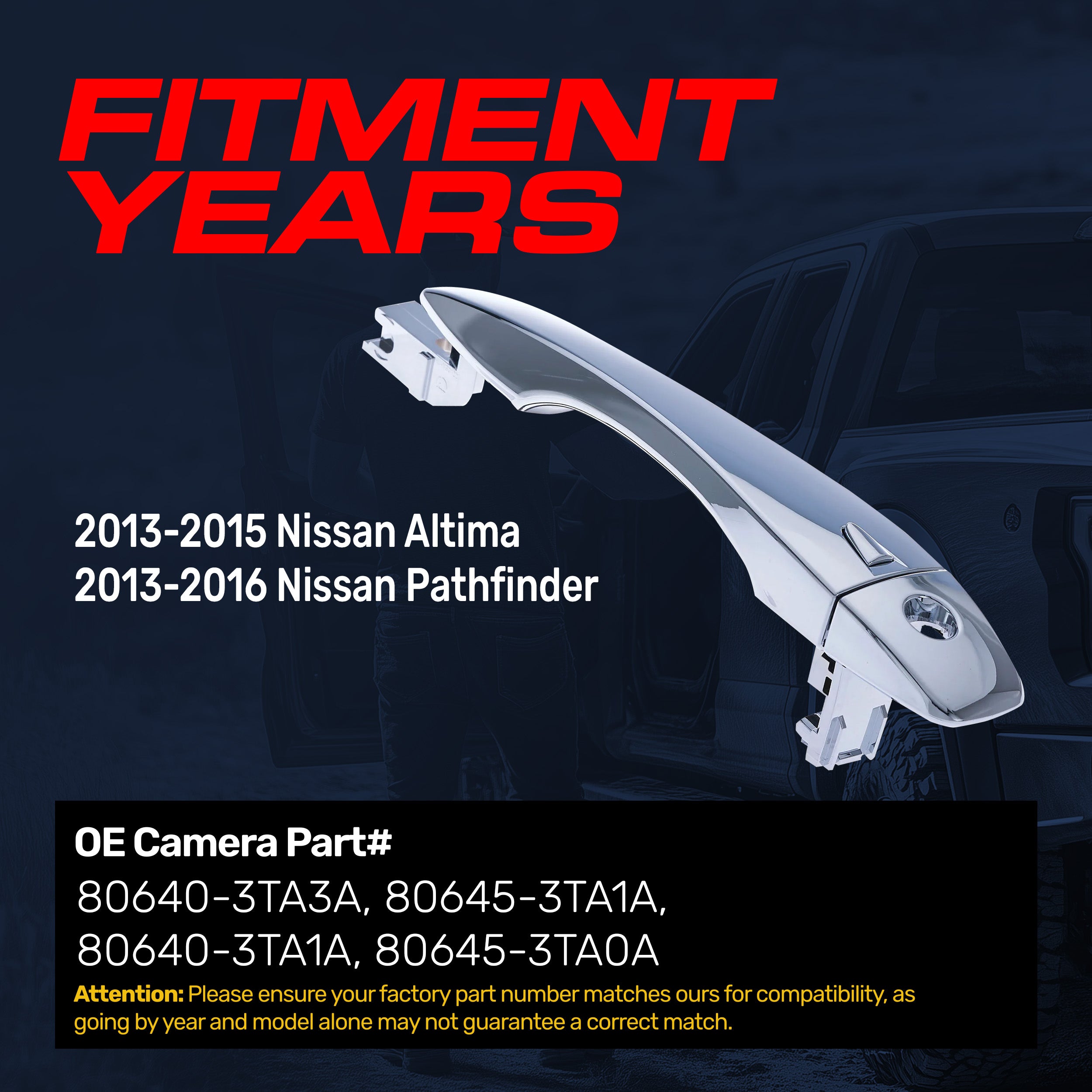 Exterior Door Handle Chrome Replacement for Nissan Altima (2013-2015), Pathfinder (2013-2016) OE Part # 80640-3TA3A, 80645-3TA1A, 80640-3TA1A, 80645-3TA0A | Front Left Driver Side w/ Keyhole