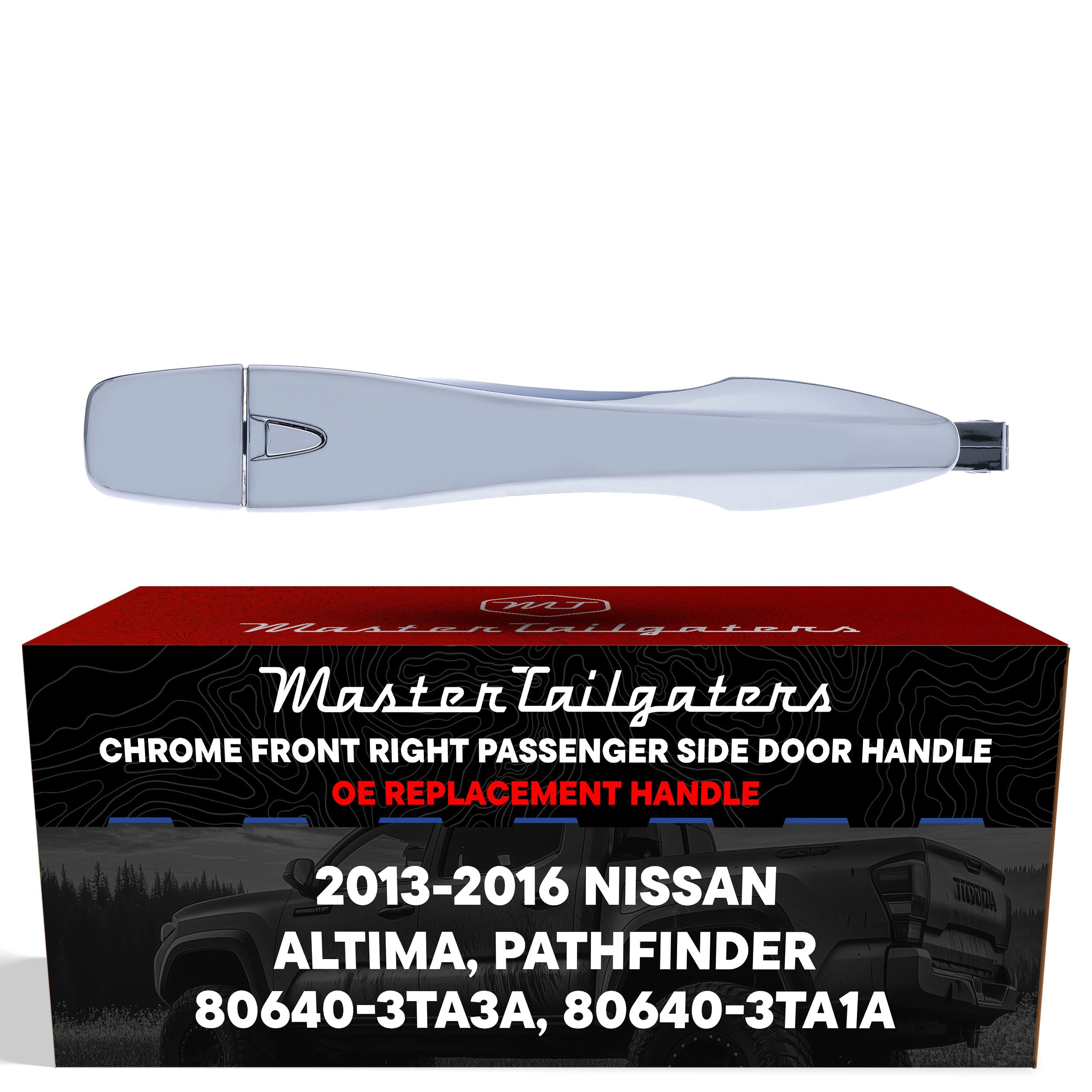 Exterior Door Handle Chrome Replacement for Nissan Altima (2013-2015), Pathfinder (2013-2016) OE Part # 80640-3TA3A, 80640-3TA1A | Front Right Passenger Side w/o Keyhole