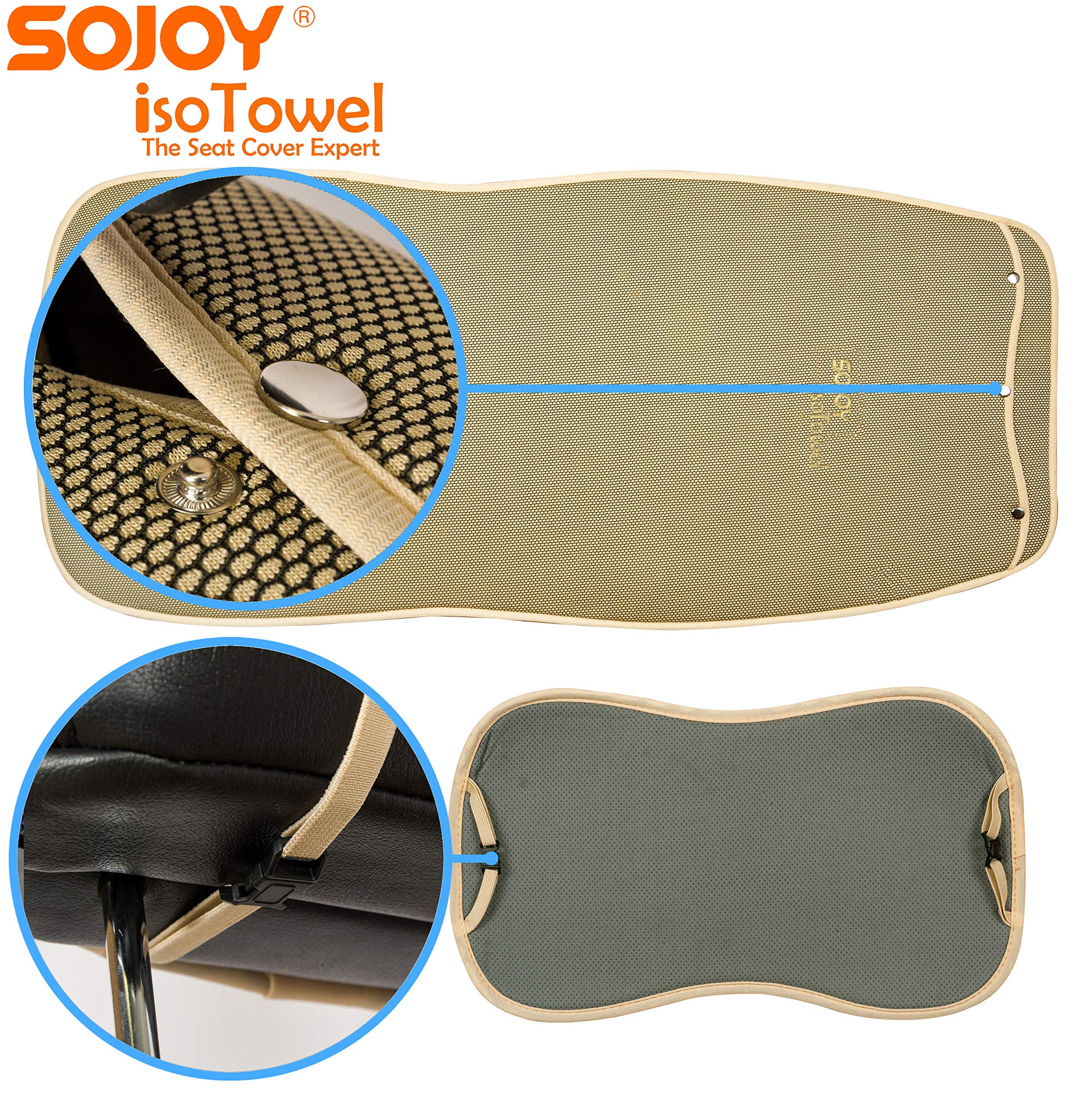 Sojoy IsoTowel Car Seat Cover, Microfiber Protector, Quick-Dry, Non-Slip, 41x21 inch, Tan, Model SJ219A040