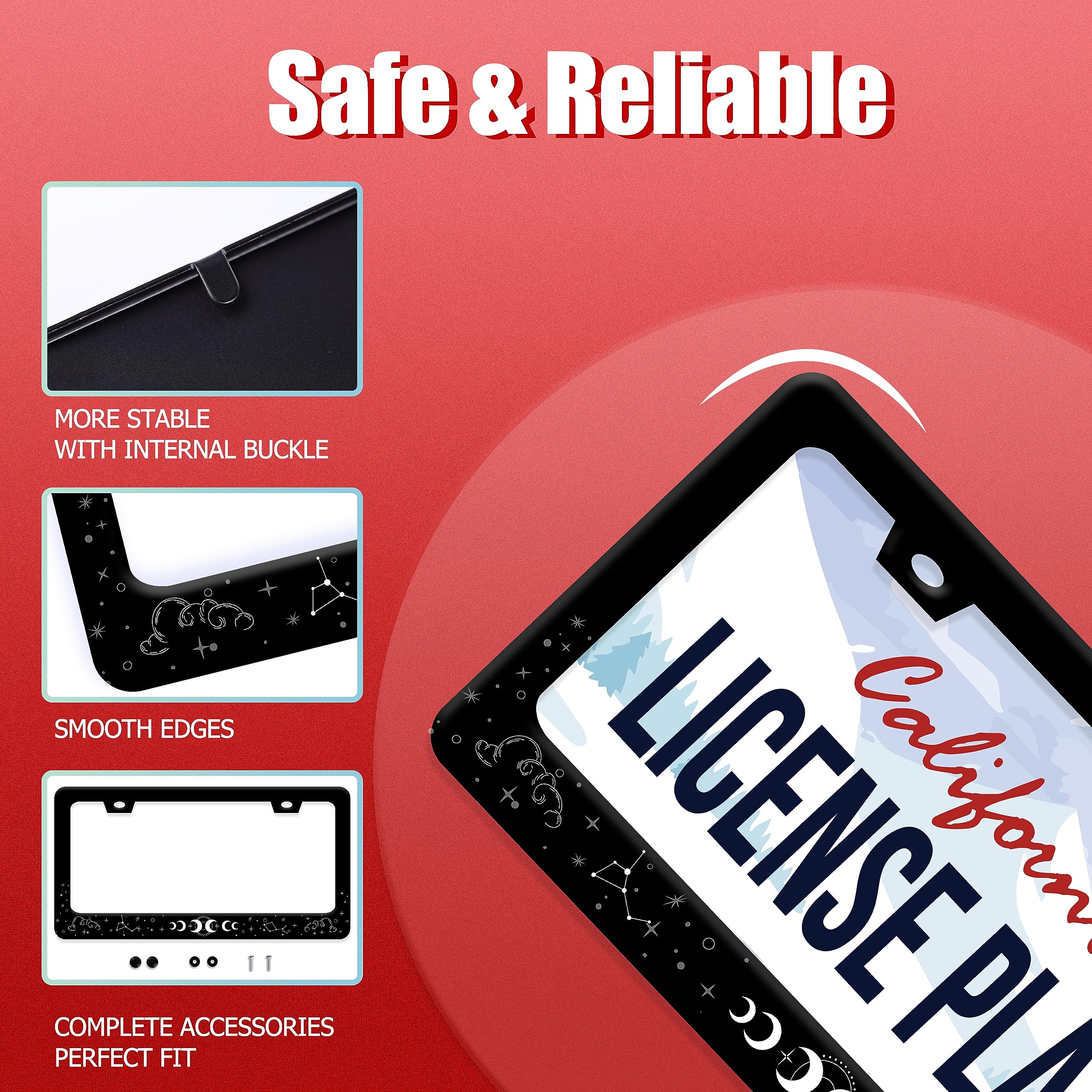 2Pcs Moon Stars License Plate Frame Colorful Galaxy Moon Phase License Plate Funny Stainless Steel Auto Parts Beautiful License