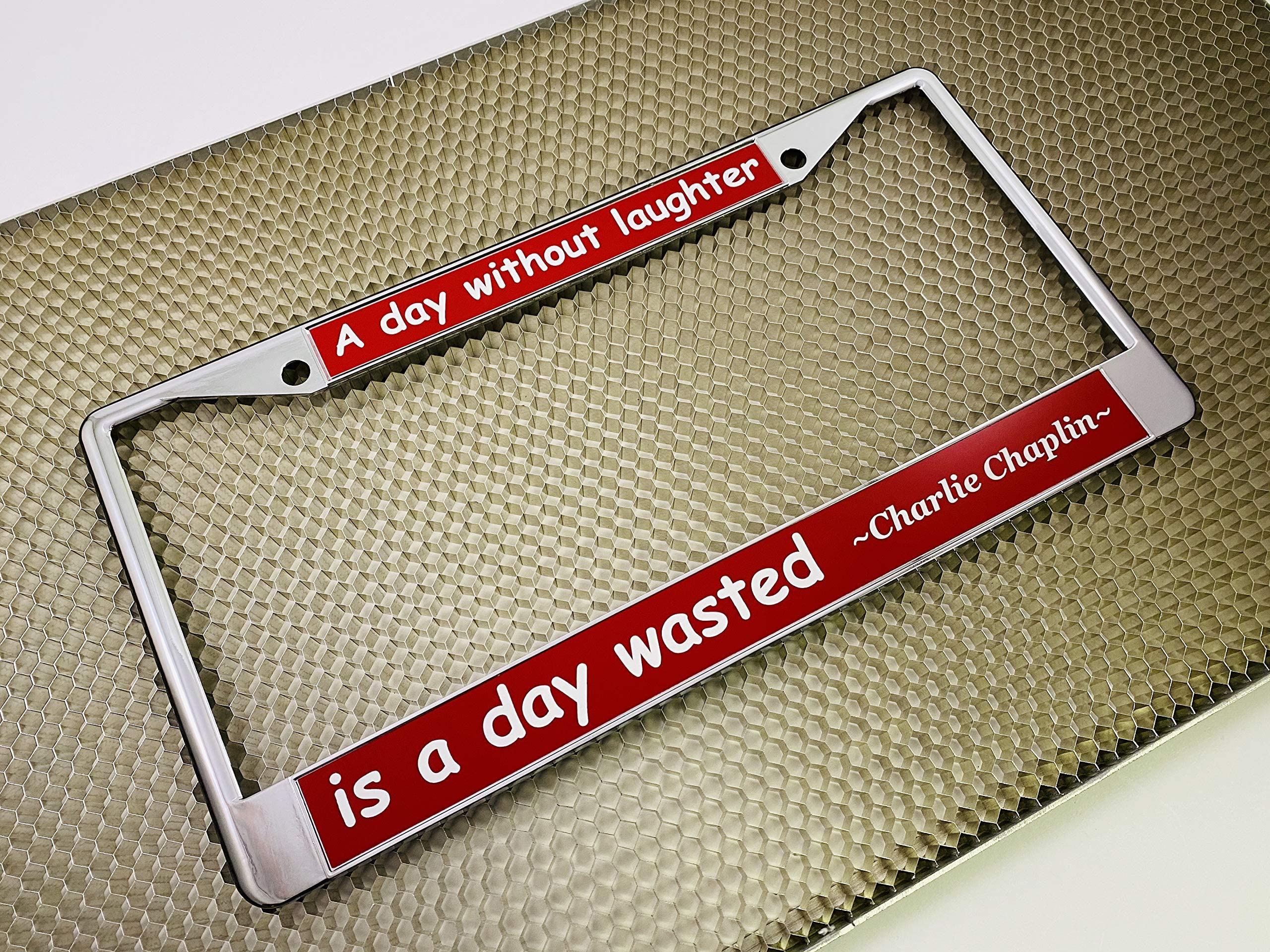 Custom Personalized Chrome-Plated Metal Laser Engraved Standard Size - Car/Automobile License Plate Frame with Free caps - Red/W