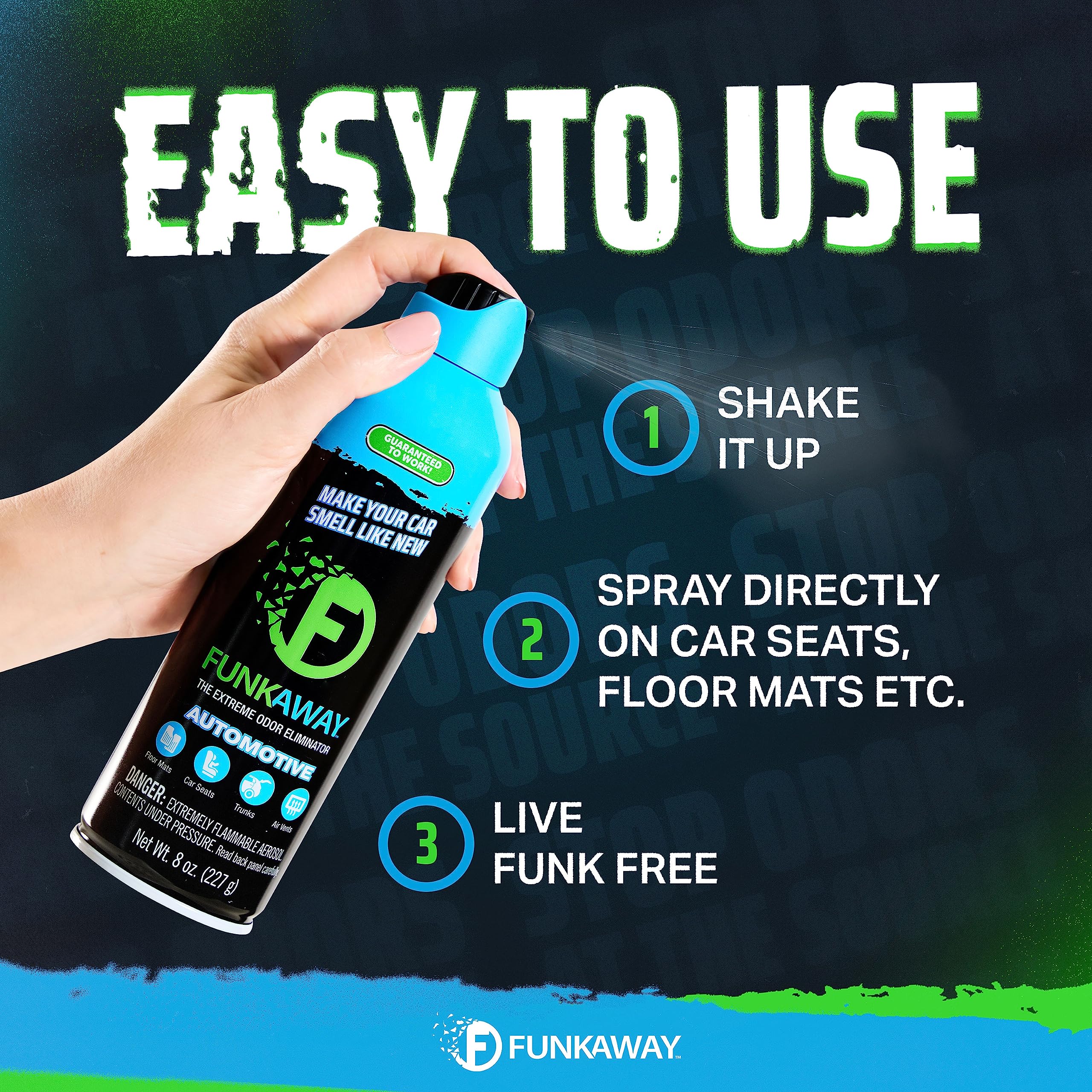 FunkAway Automotive Aerosol Spray, 8 oz - Extreme Odor Eliminator for Cars, SUVs, Trucks, RVs, Boats - 3 Pack - Black