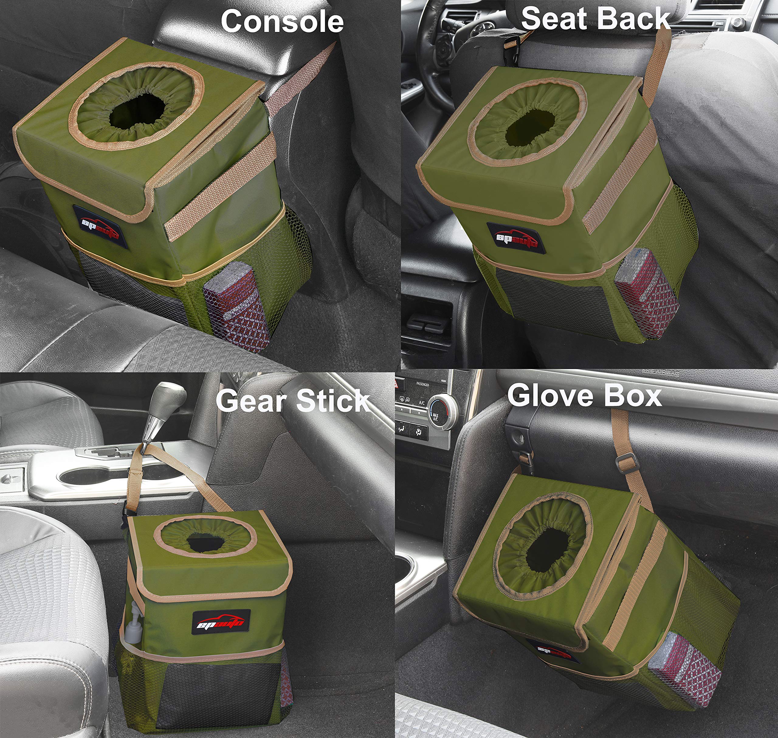 Epauto Waterproof Car Trash Can With Lid And Storage Pockets, Green