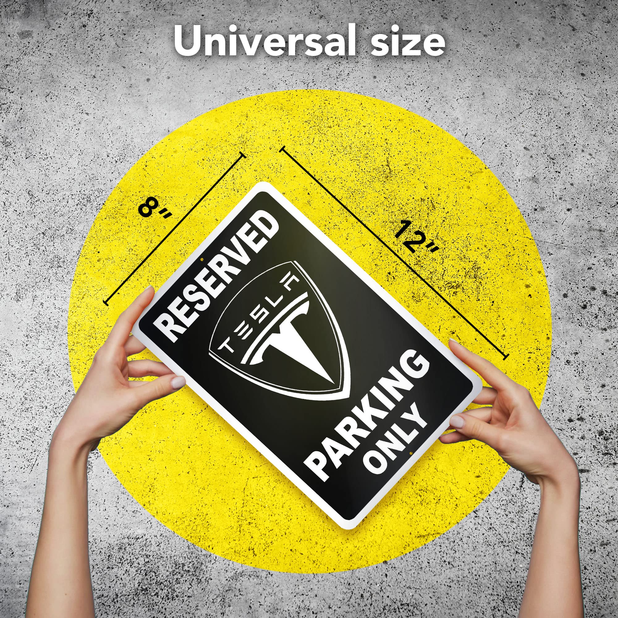 DIMARONGTON Tesla Parking Only Sign - 8x12 Aluminum Garage Sign - Black - Gifts for Tesla Owners - Model DIM-812BT
