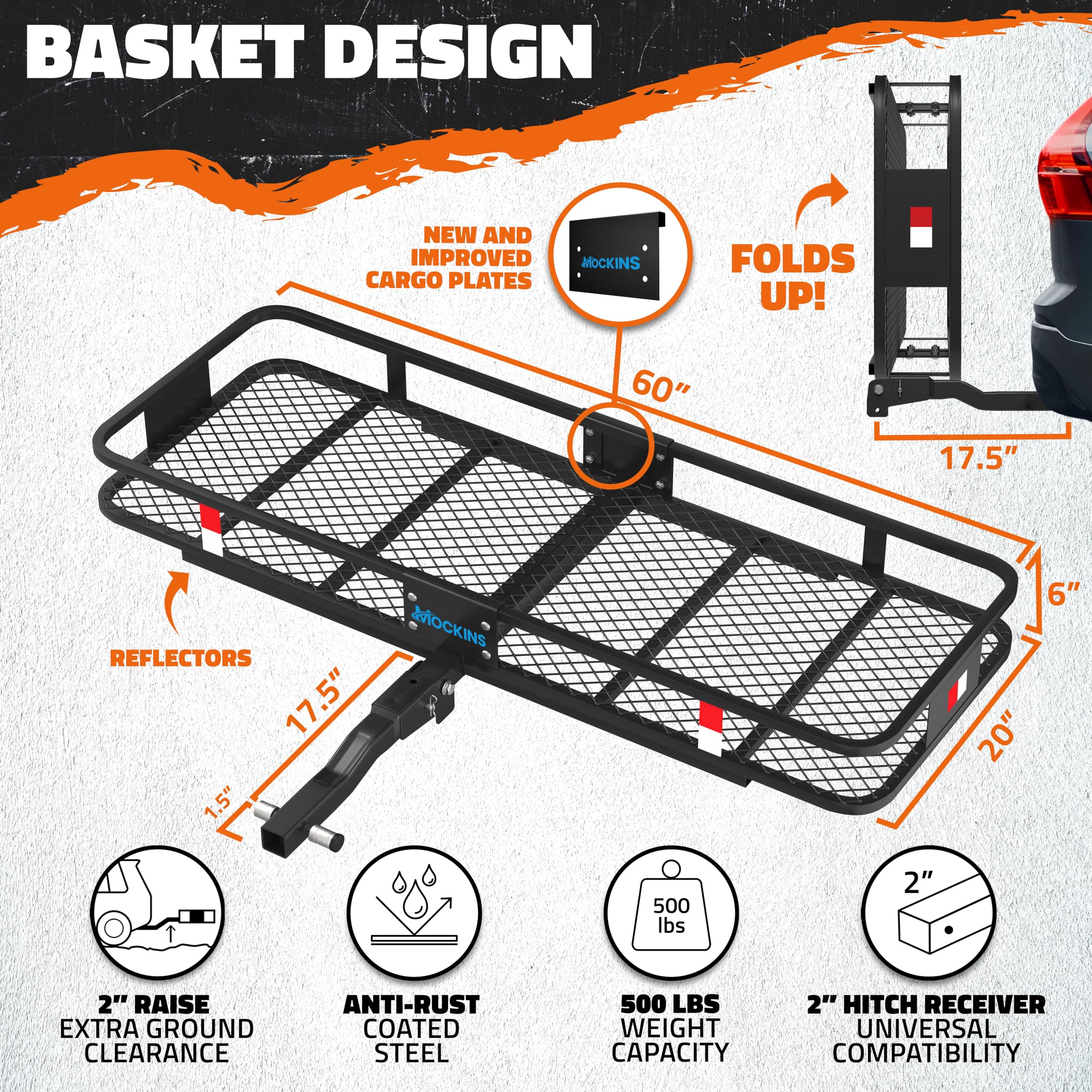 Mockins 60X20X6 Folding Hitch Mount Cargo Carrier & 16Cuft Hitch Cargo Carrier Bag |500Lbs Anti-Rust Vehicle Cargo Carriers W/Waterproof Soft-Shell Truck Bed Cargo Bag | Cargo Racks For Trailer Hitch
