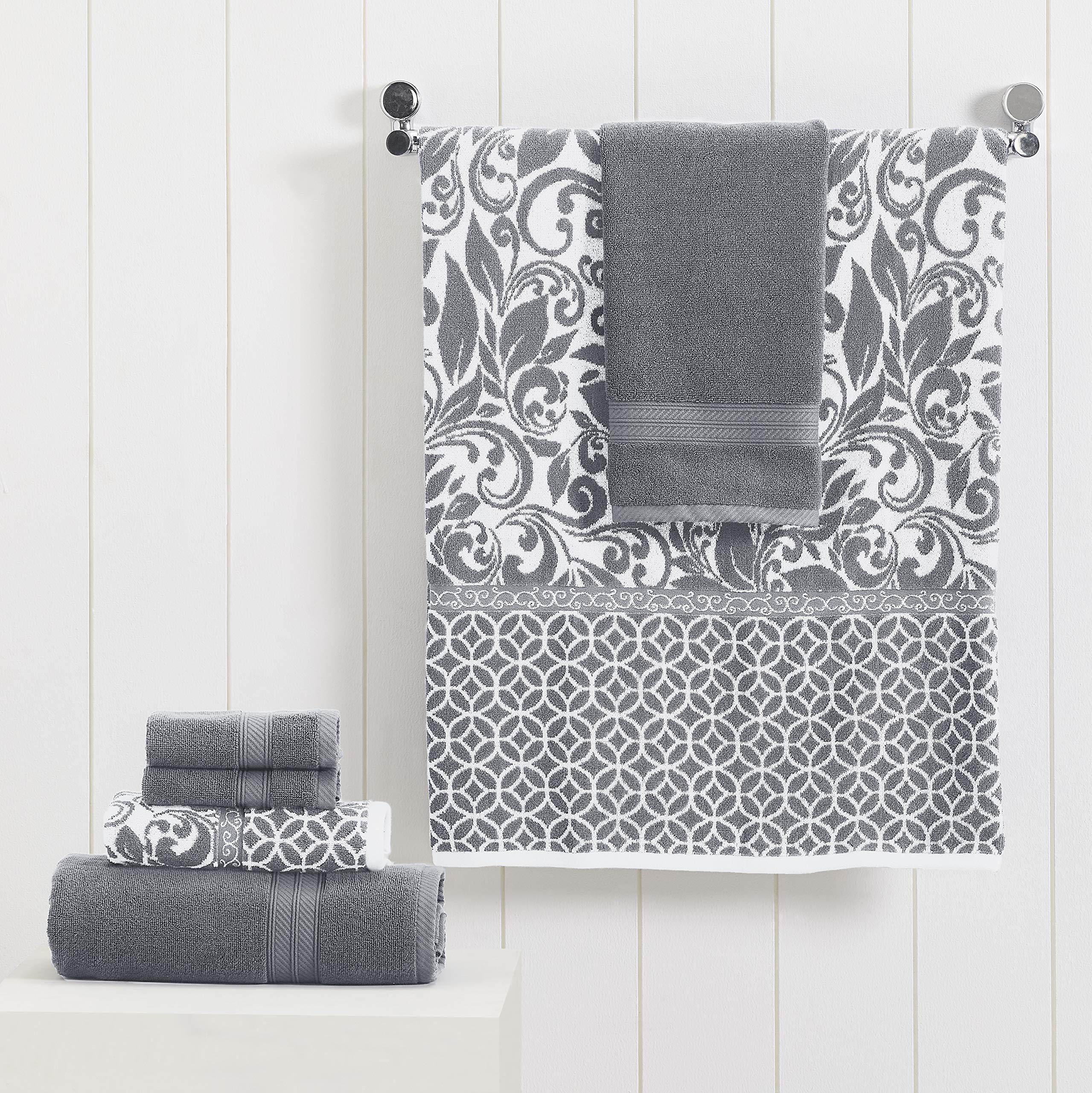 Modern Threads 6-Piece Towel Set - Cotton, Platinum, Bath & Hand Towels, Quick Dry, Standard Size, Model 5JQYDTLG-TFP-ST
