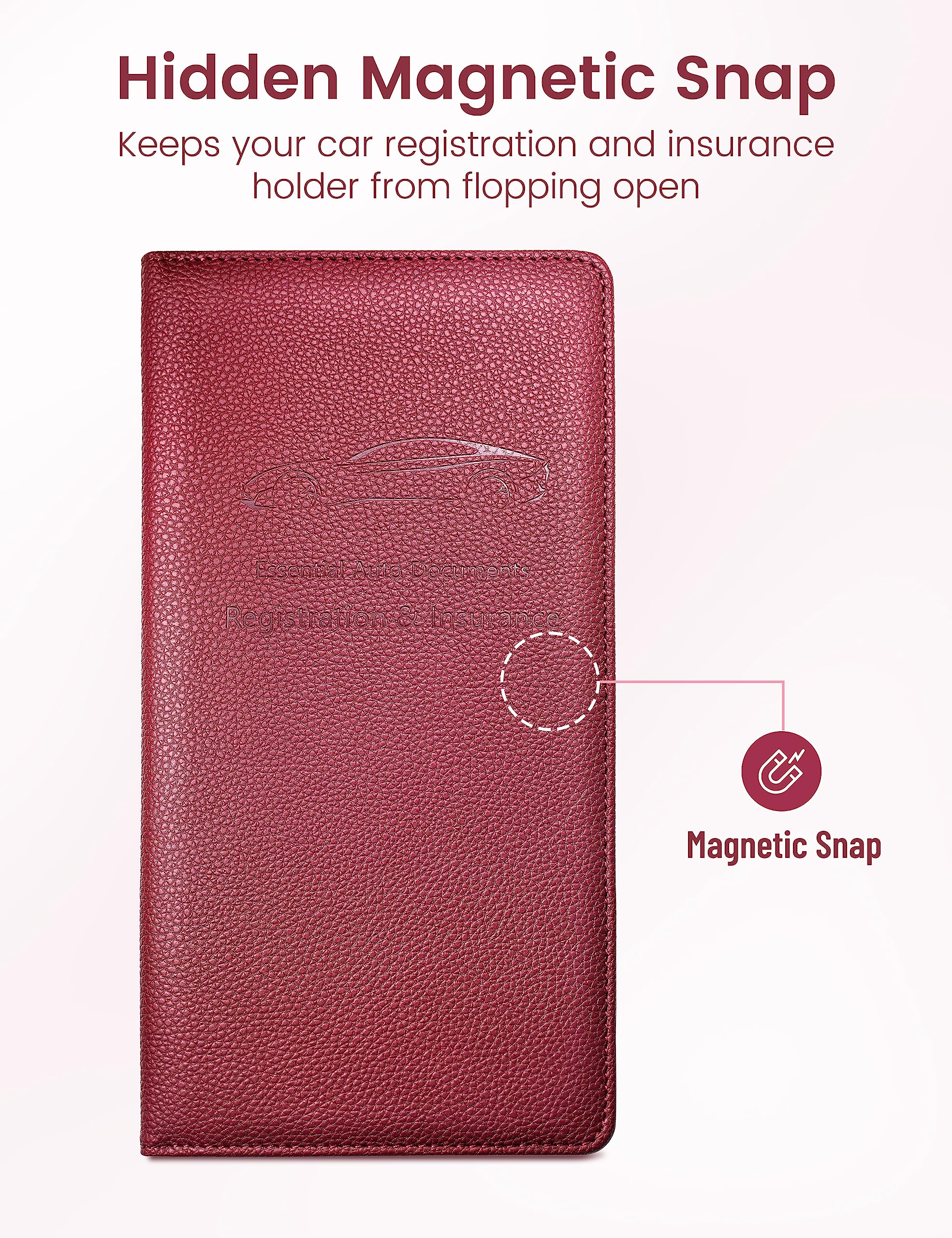 Yarnic PU Leather Car Registration & Insurance Holder - Wine Red, Magnetic Closure, Vehicle Organizer for Men & Women