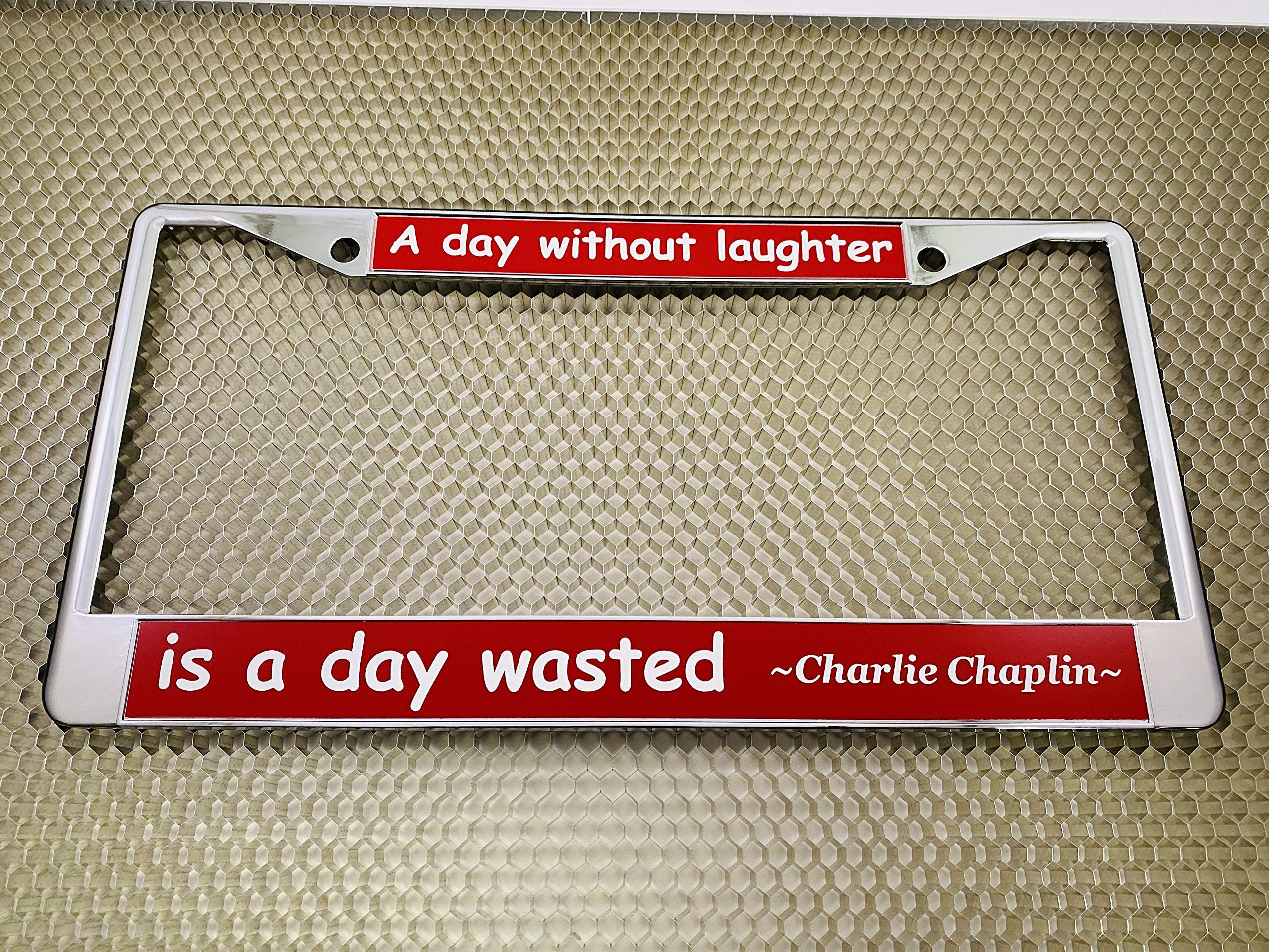 Custom Personalized Chrome-Plated Metal Laser Engraved Standard Size - Car/Automobile License Plate Frame with Free caps - Red/W