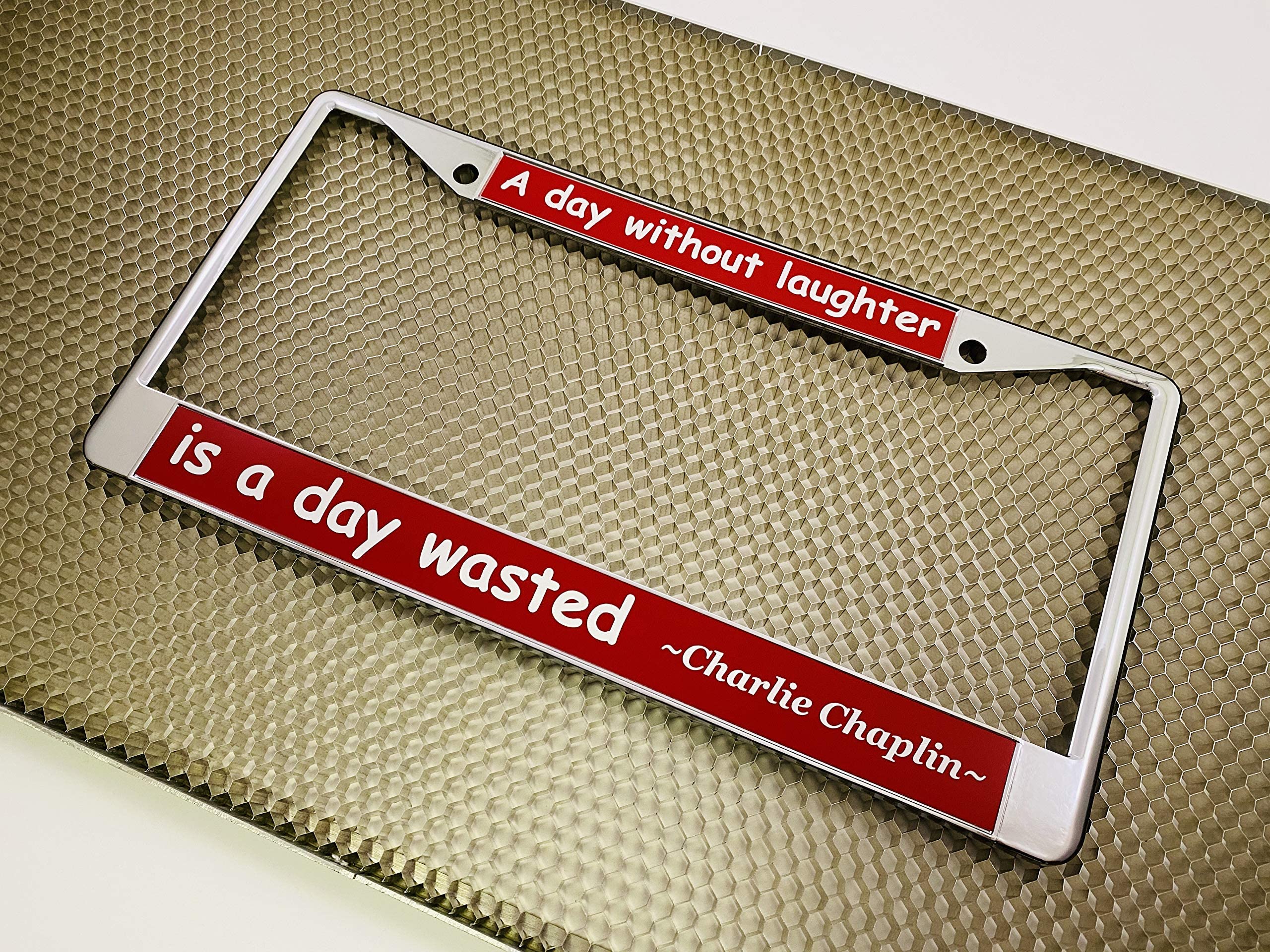 Custom Personalized Chrome-Plated Metal Laser Engraved Standard Size - Car/Automobile License Plate Frame with Free caps - Red/W