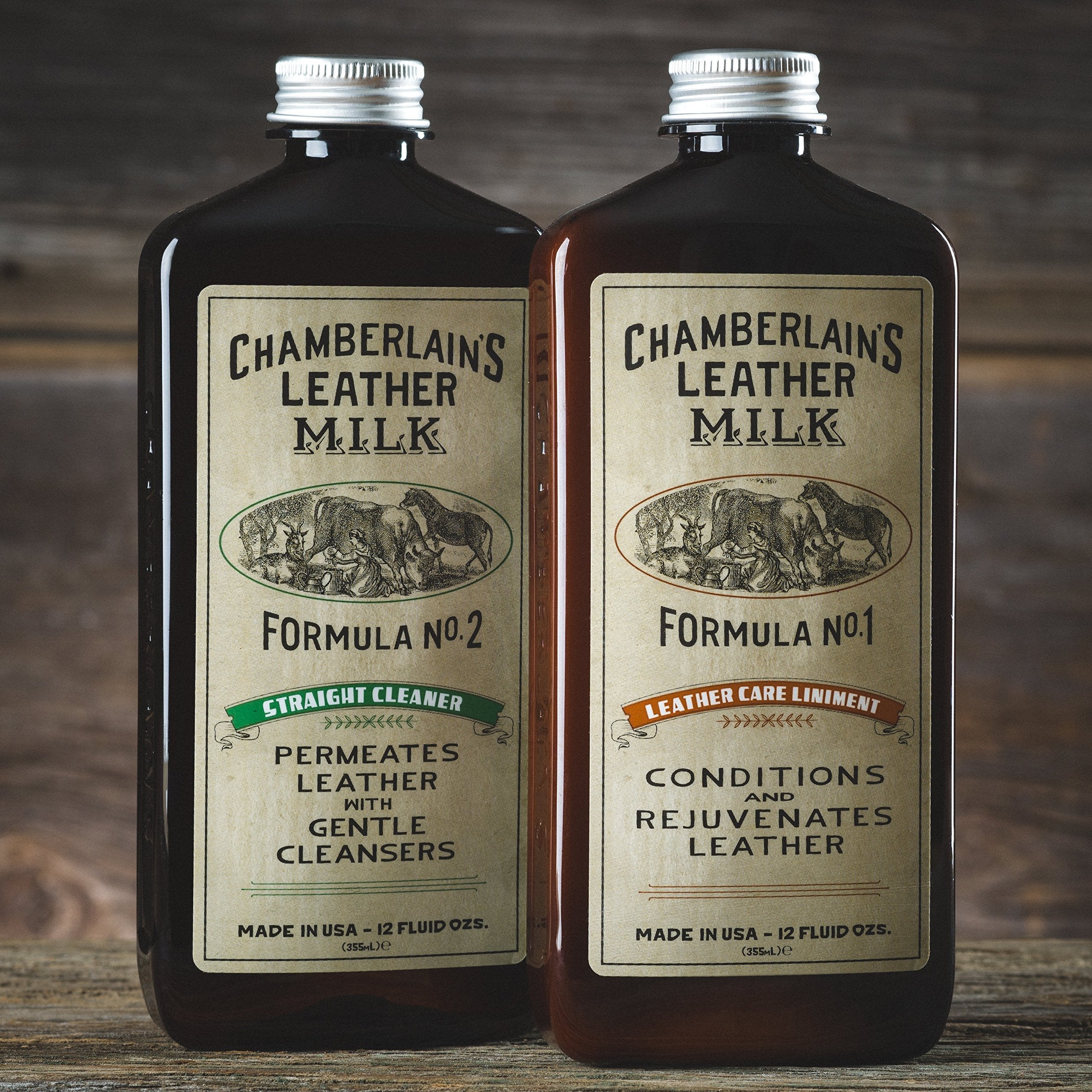 Chamberlain's Leather Milk Cleaner Kit - Conditioner No. 1 & Cleaner No. 2, 12 oz Bottles with Restoration Pads, Original Formula