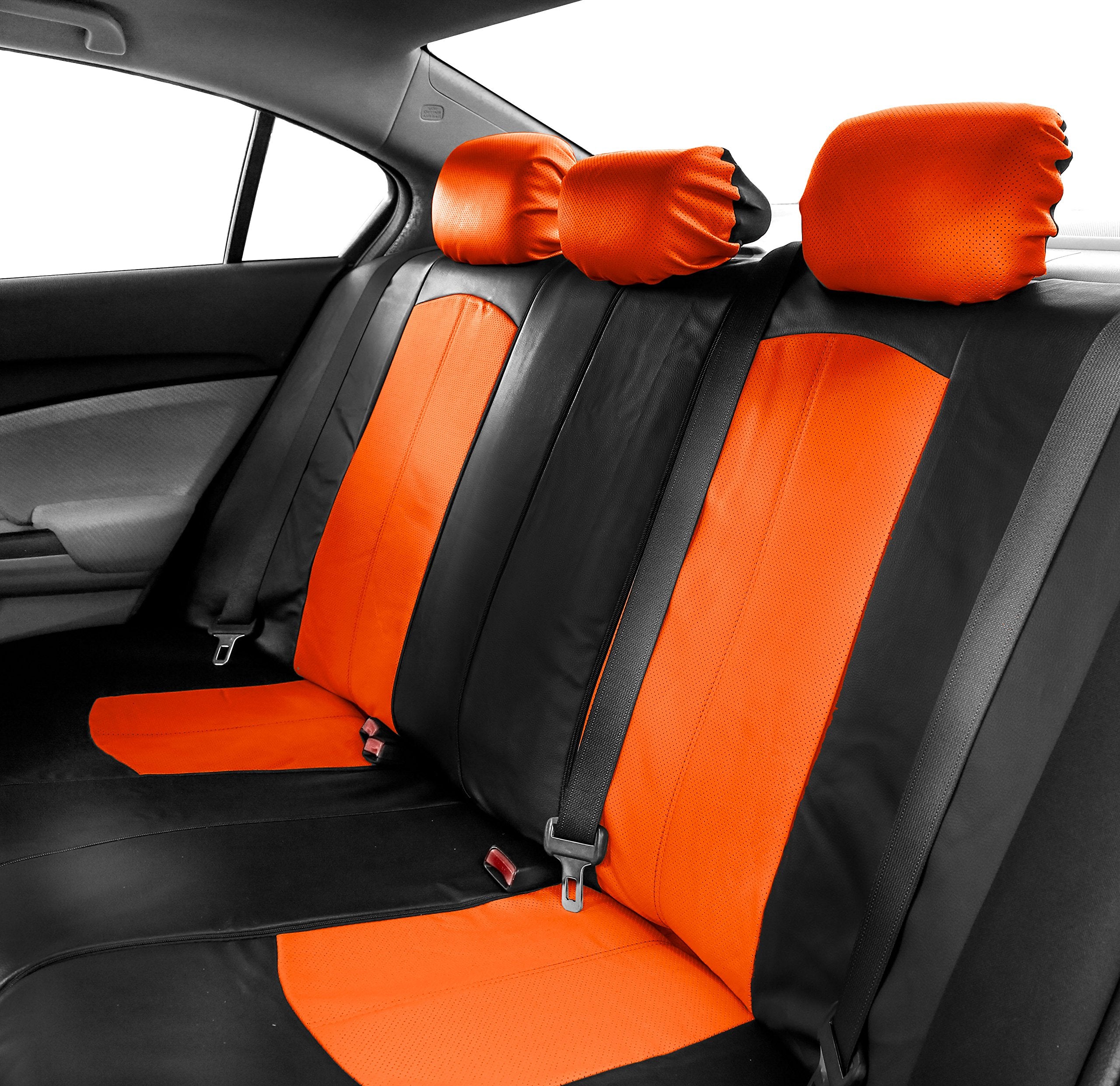 FH Group Automotive Seat Cover Highest Grade Faux Leather Orange Black Full Set, Combo Car Seat Cover Design Airbag Compatible S