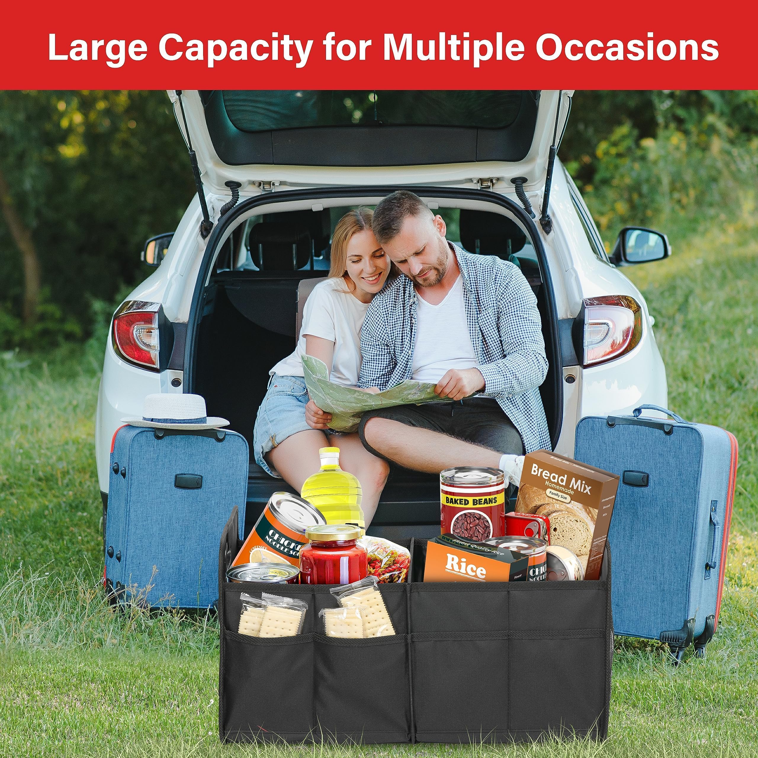 Simple Deluxe 2 Compartments Trunk Organizer For Car/Suv, Collapsible 600D Waterproof Oxford Polyester 50L Storage Box, Anti-Sli