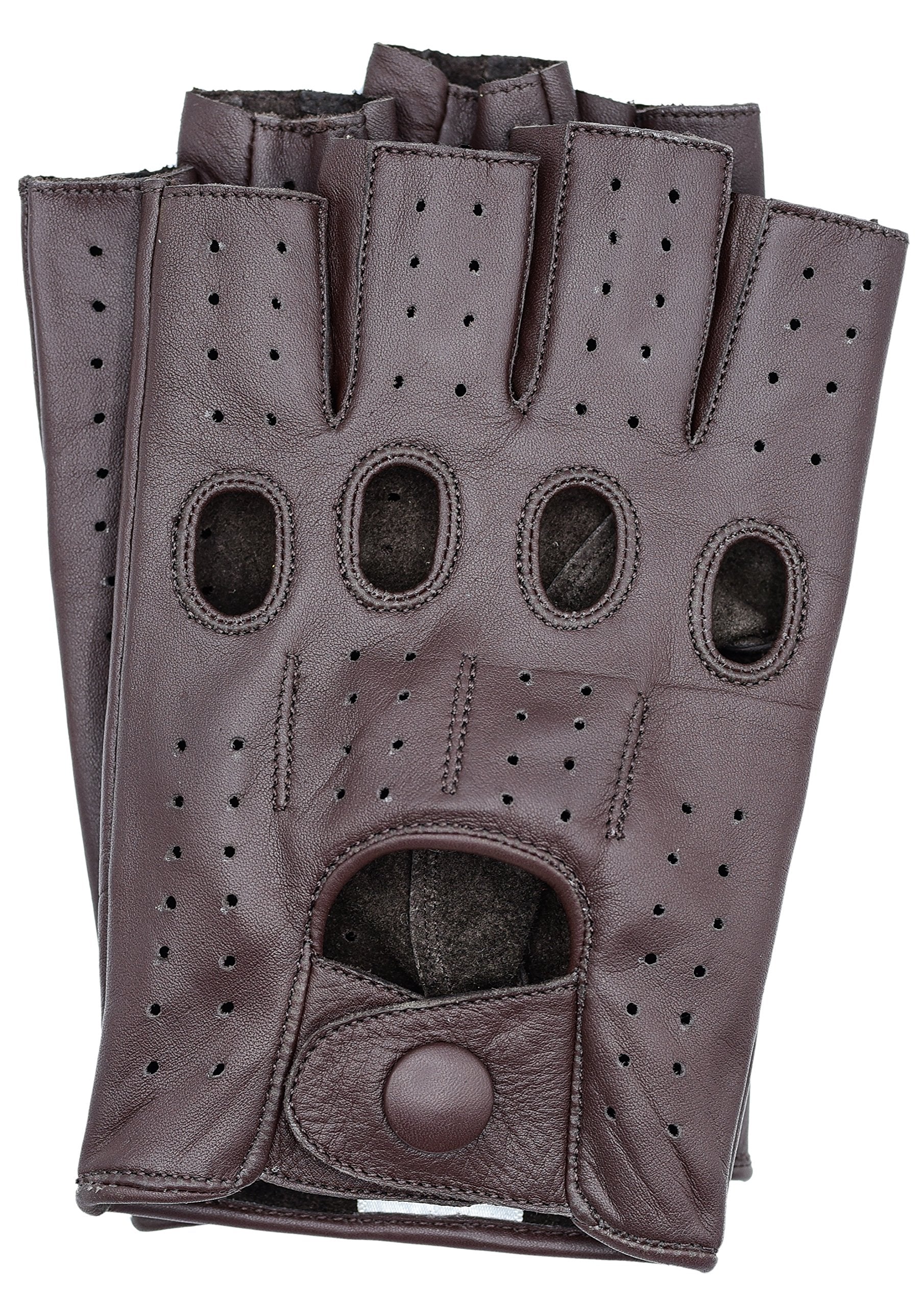Riparo Motorsports Mens Fingerless Half Finger Driving Fitness Motorcycle Cycling Unlined Leather Gloves (Large, Brown)