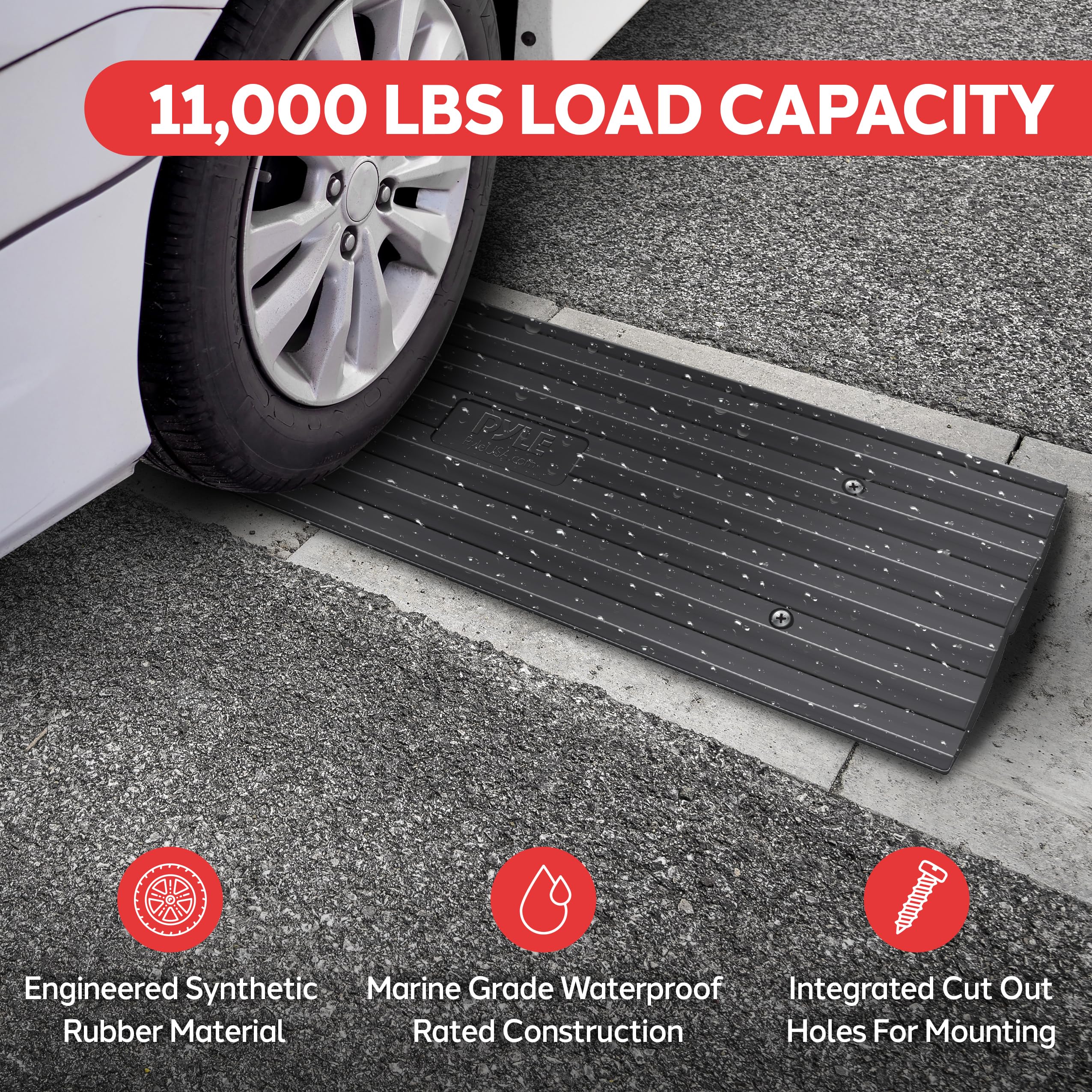 Pyle Car Vehicle Curbside Driveway Ramp - 4Ft Heavy Duty Rubber Threshold Bridge Tracks Curb Ramps, 2 Pieces Set (For Car, Truck