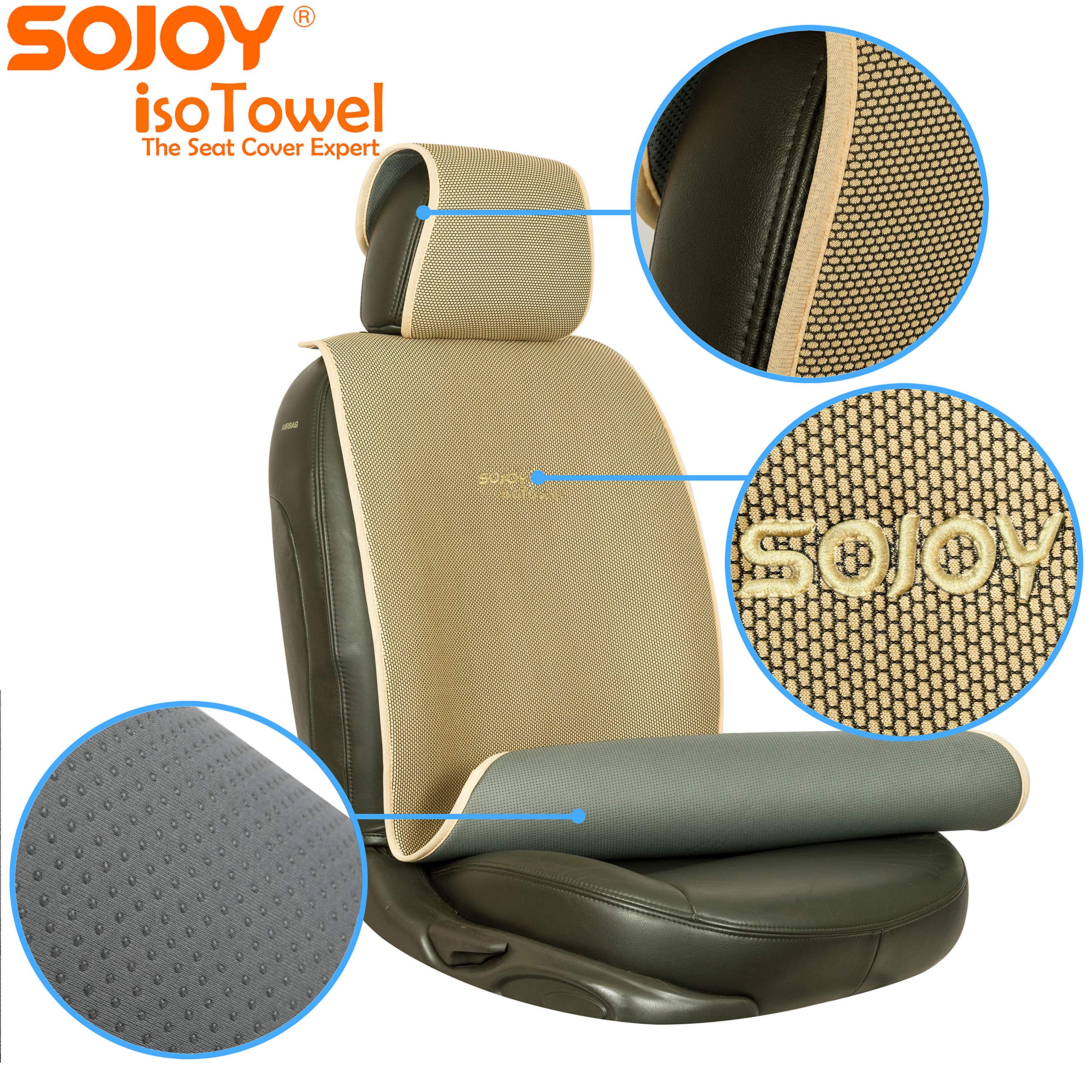 Sojoy IsoTowel Car Seat Cover, Microfiber Protector, Quick-Dry, Non-Slip, 41x21 inch, Tan, Model SJ219A040